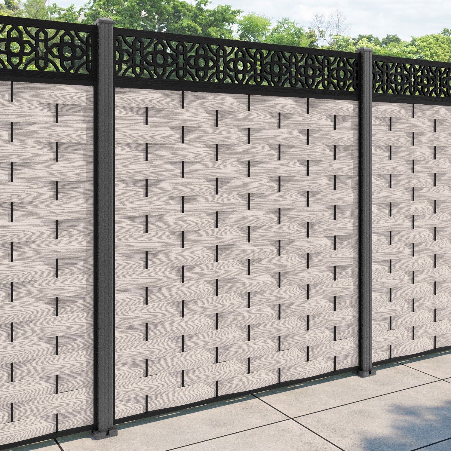 Ripple Nabila Fence Panel - Mid Stone - with our aluminium posts