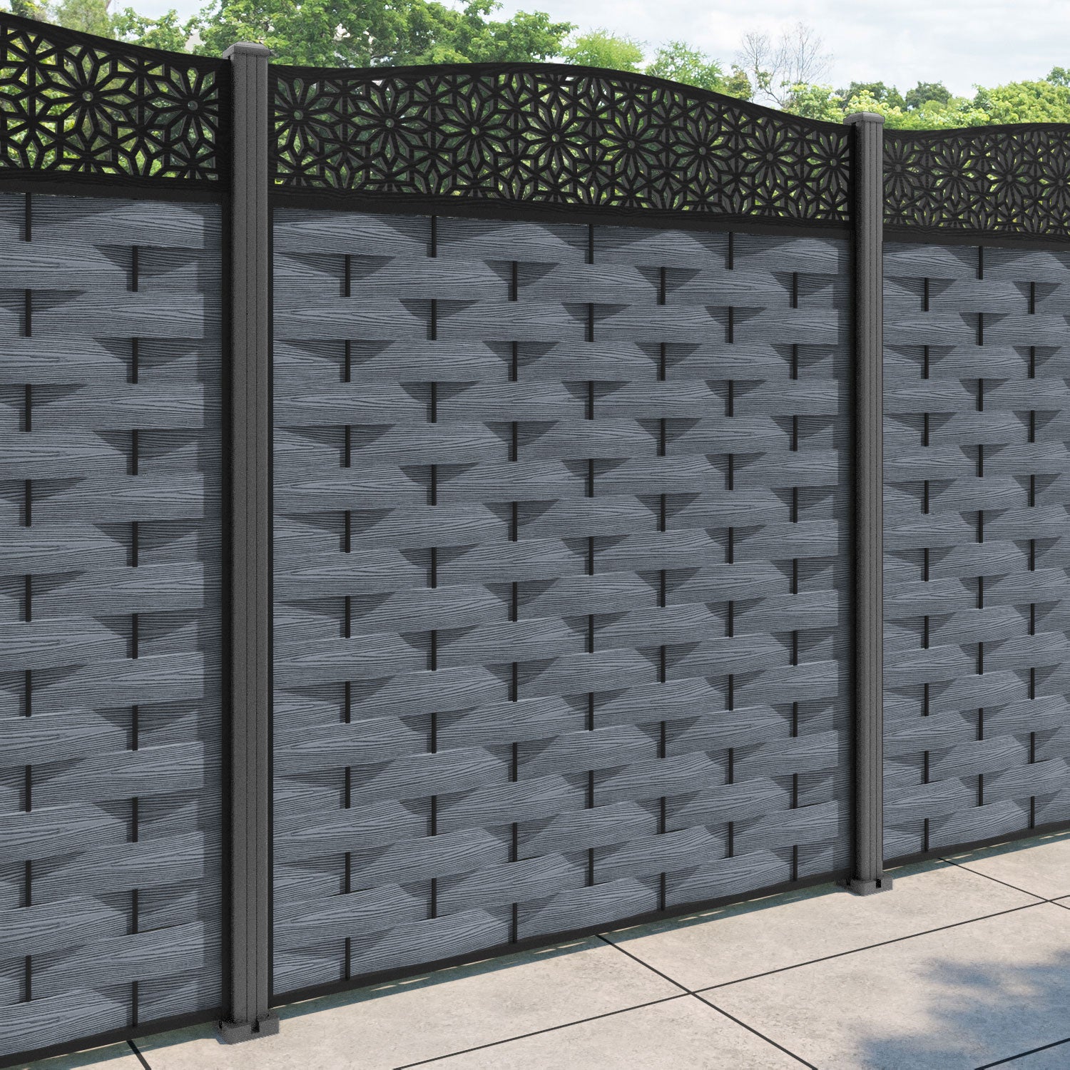 Ripple Narwa Curved Top Fence Panel - Anthracite - with our aluminium posts
