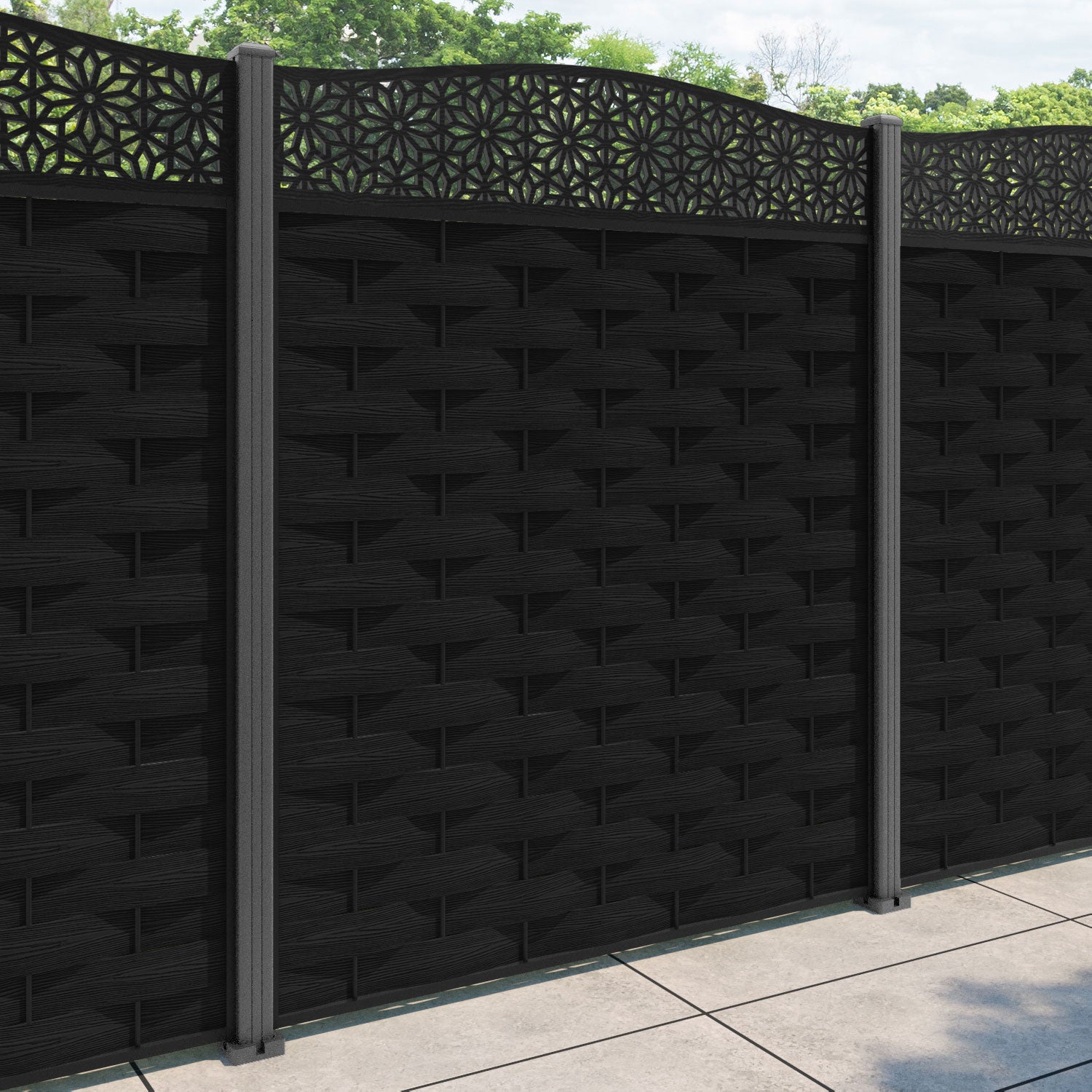 Ripple Narwa Curved Top Fence Panel - Black - with our aluminium posts