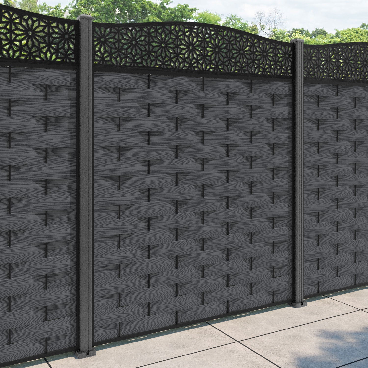 Ripple Narwa Curved Top Fence Panel - Dark Grey - with our aluminium posts