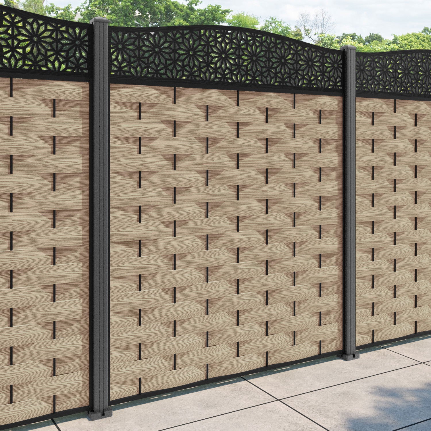 Ripple Narwa Curved Top Fence Panel - Light Oak - with our aluminium posts