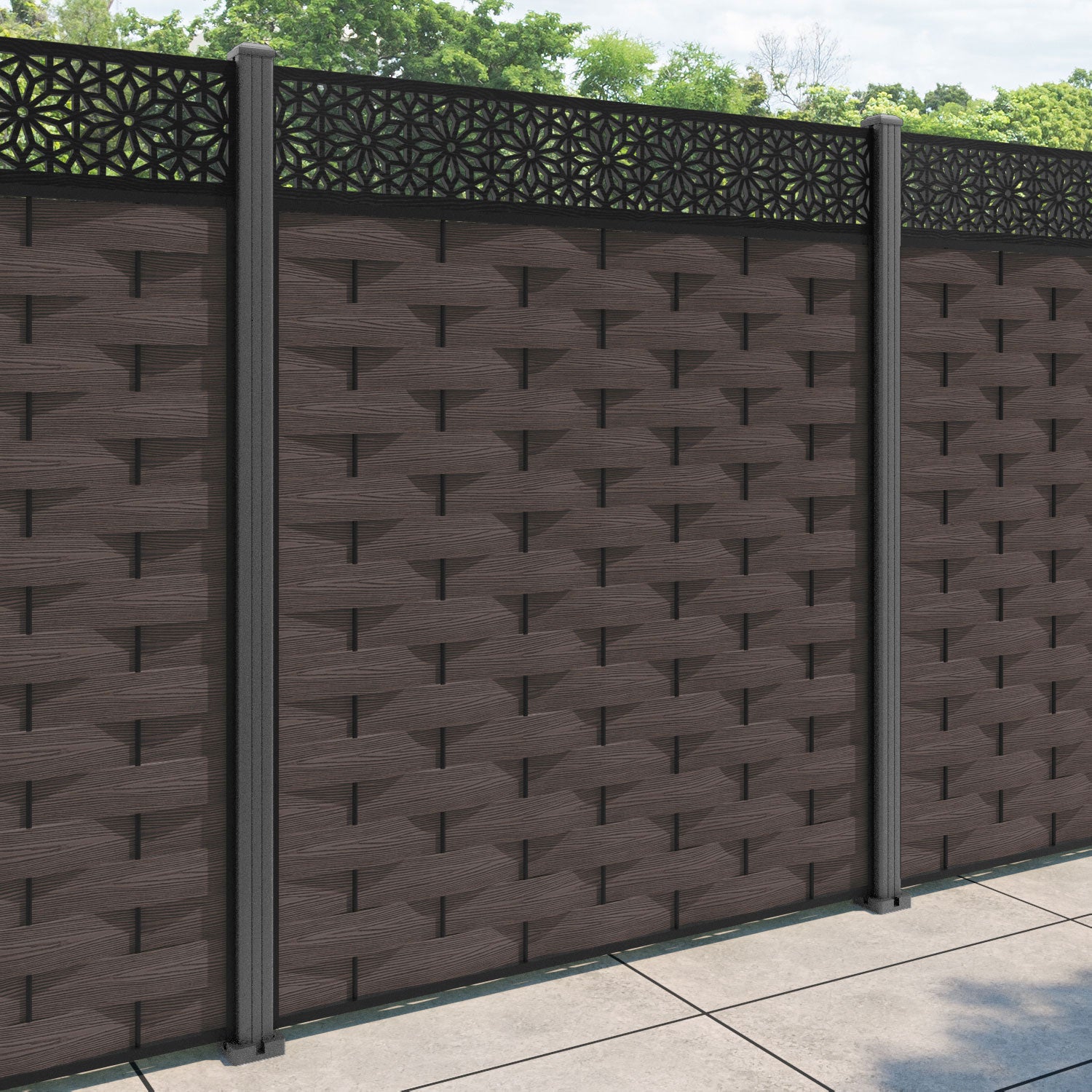 Ripple Narwa Fence Panel - Mid Brown - with our aluminium posts