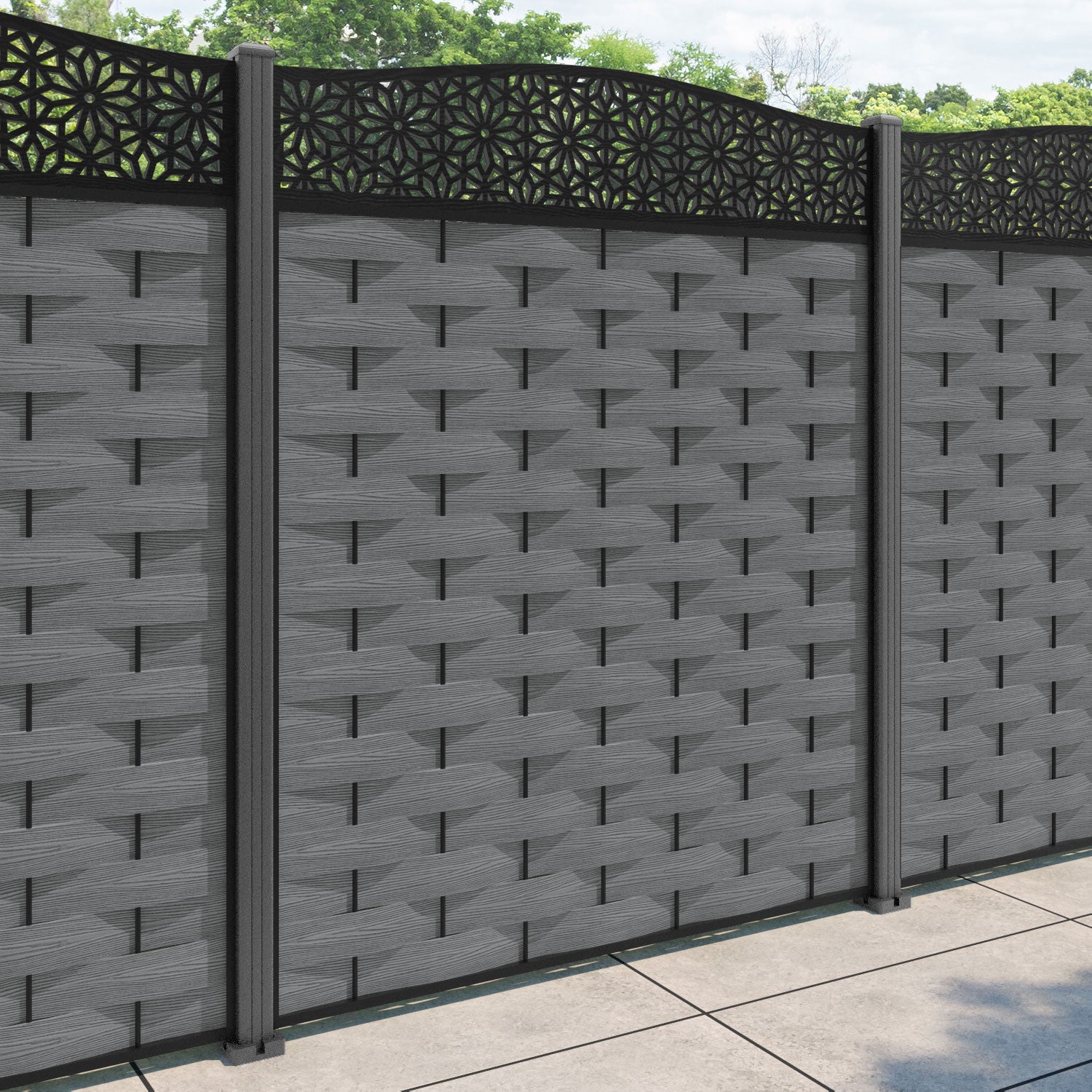 Ripple Narwa Curved Top Fence Panel - Mid Grey - with our aluminium posts