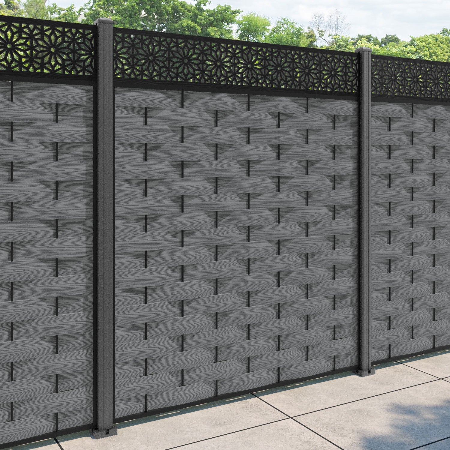 Ripple Narwa Fence Panel - Mid Grey - with our aluminium posts