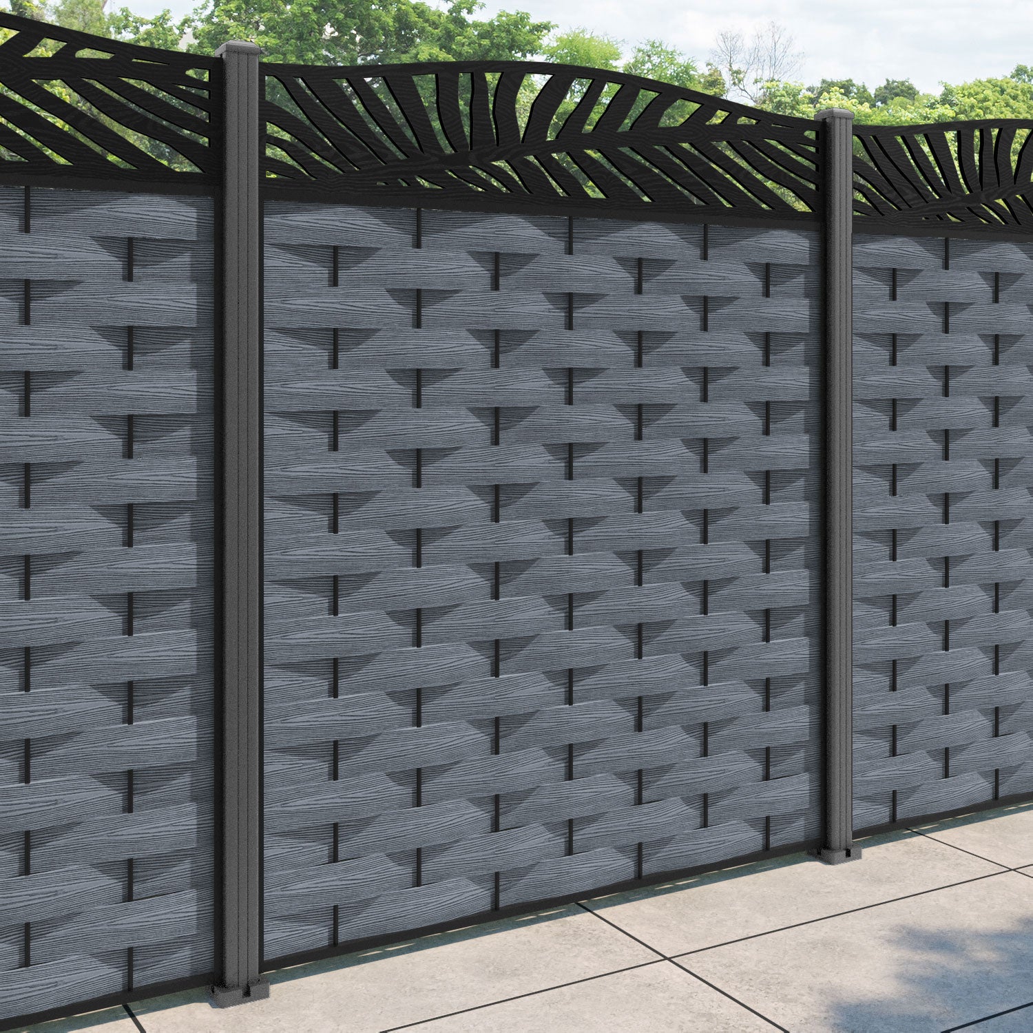 Ripple Palm Curved Top Fence Panel - Anthracite - with our aluminium posts