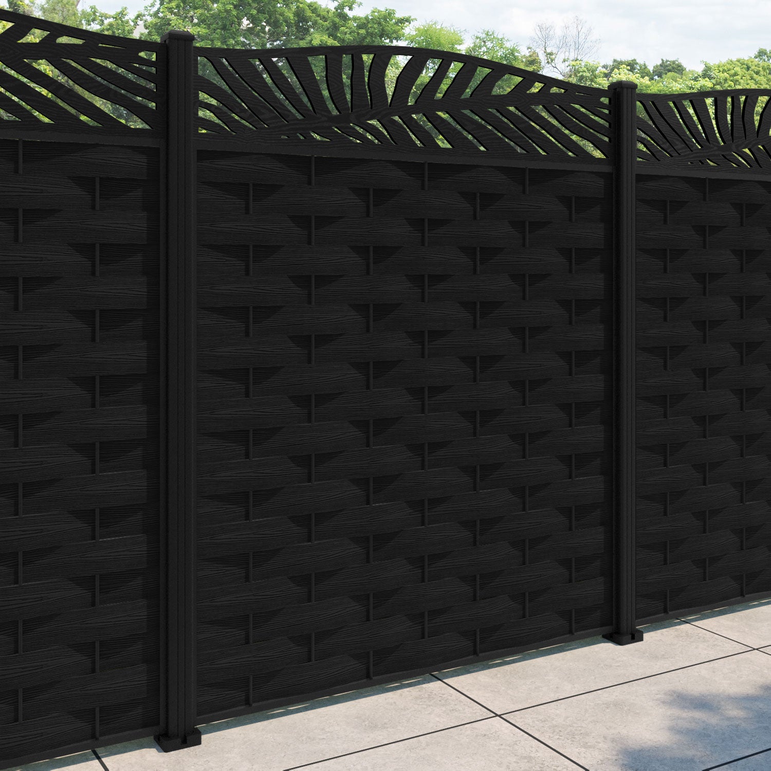 Ripple Palm Curved Top Fence Panel - Black - with our aluminium posts