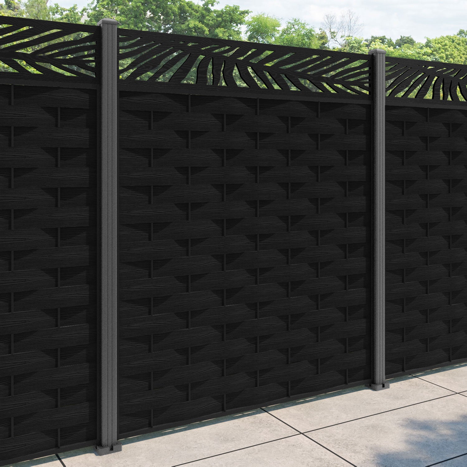 Ripple Palm Fence Panel - Black - with our aluminium posts