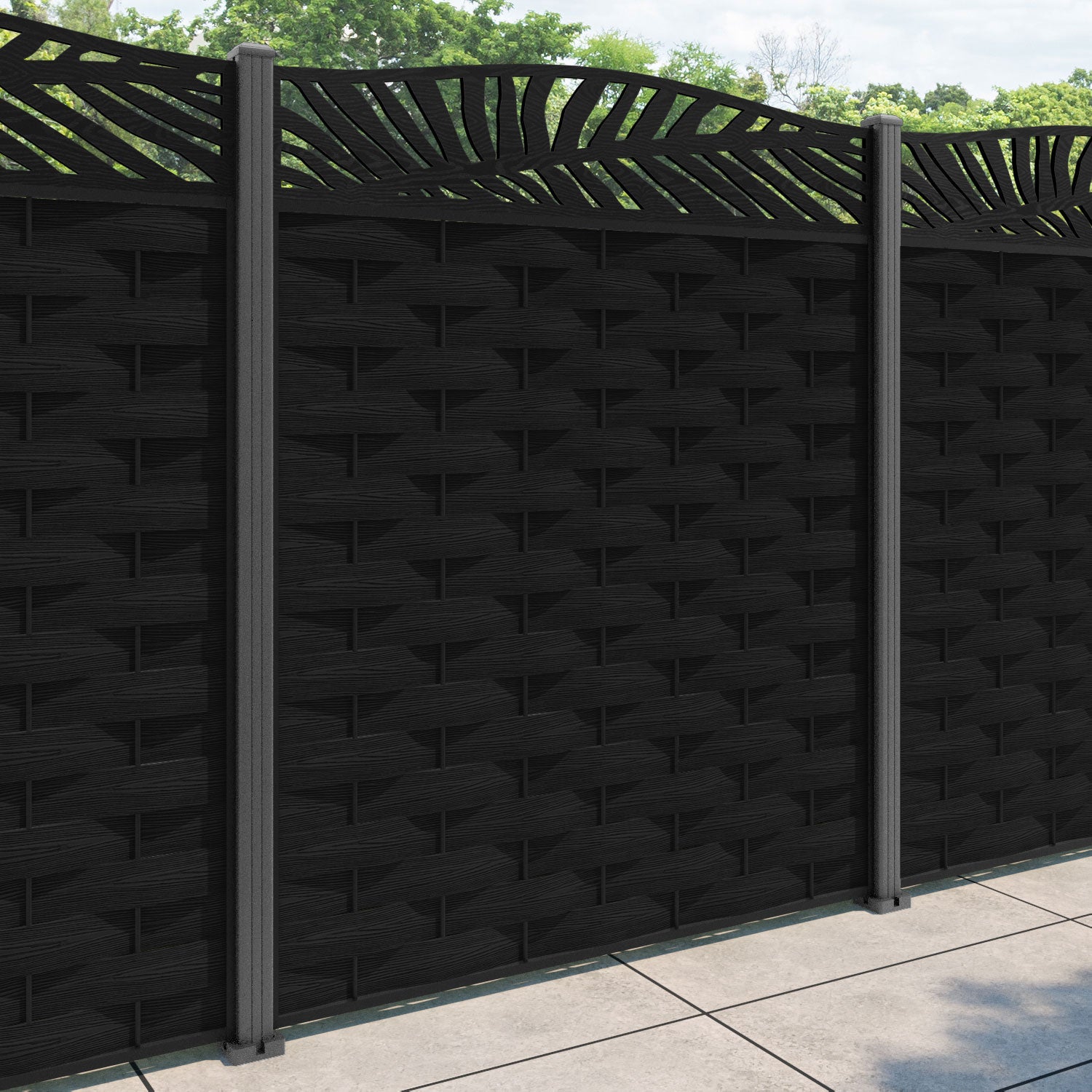 Ripple Palm Curved Top Fence Panel - Black - with our aluminium posts