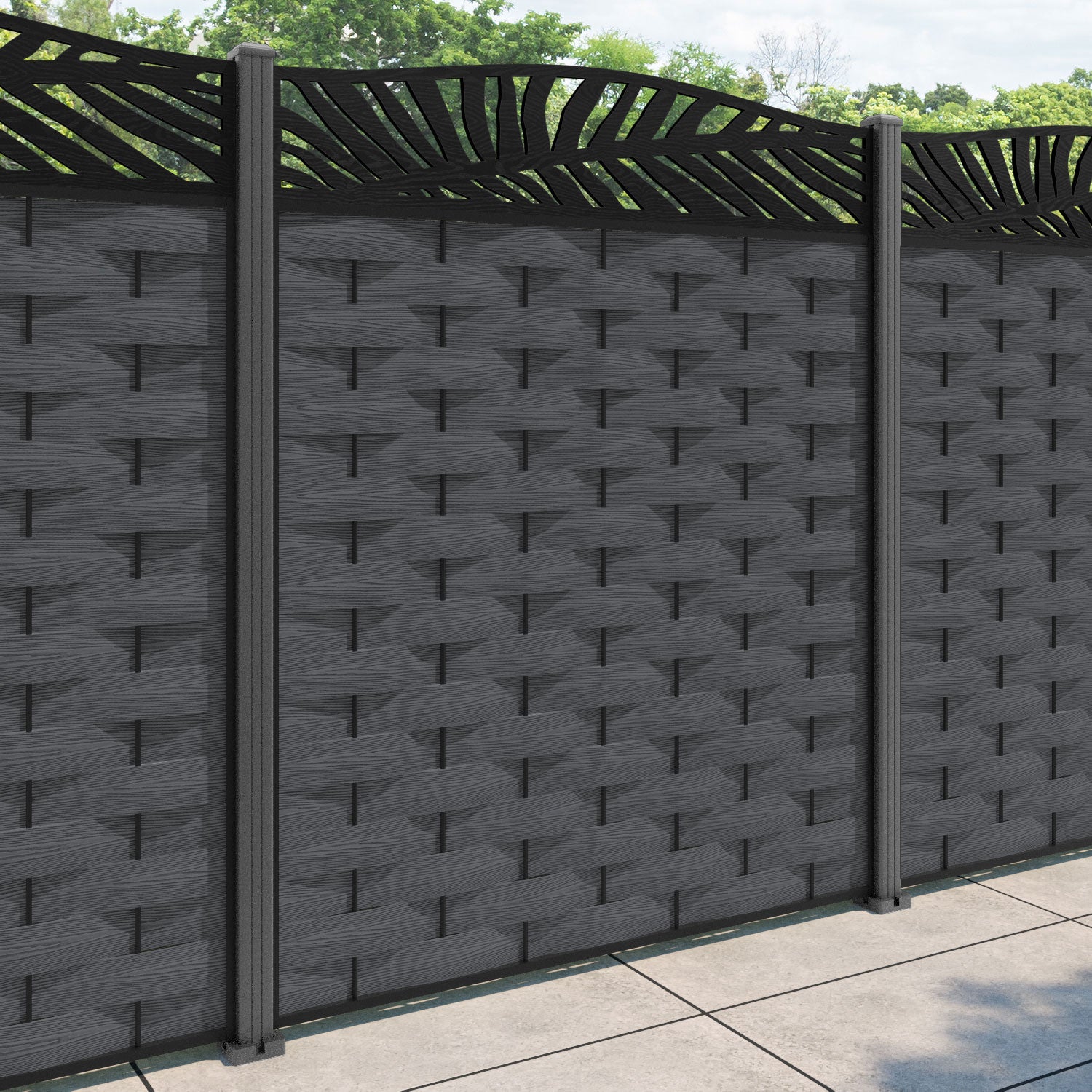 Ripple Palm Curved Top Fence Panel - Dark Grey - with our aluminium posts
