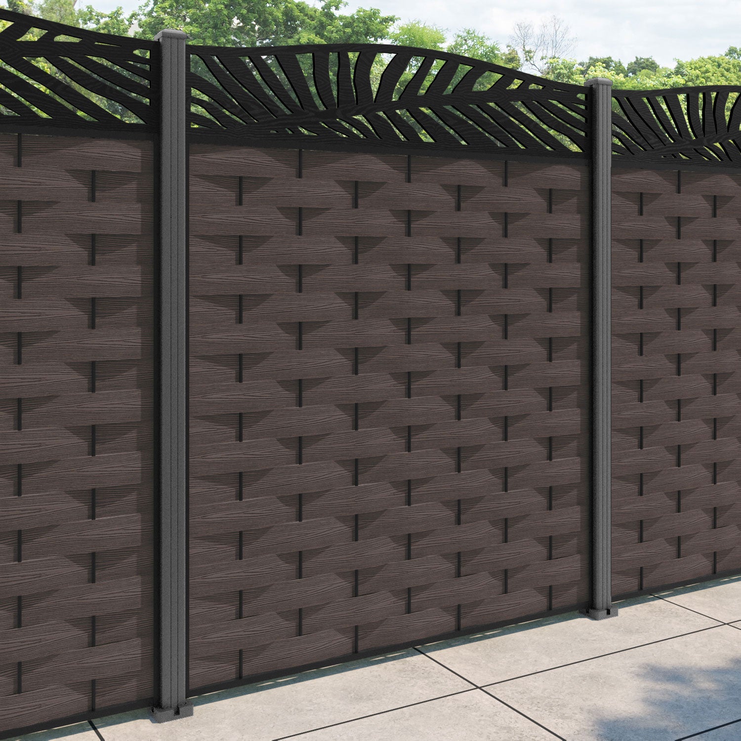 Ripple Palm Curved Top Fence Panel - Mid Brown - with our aluminium posts