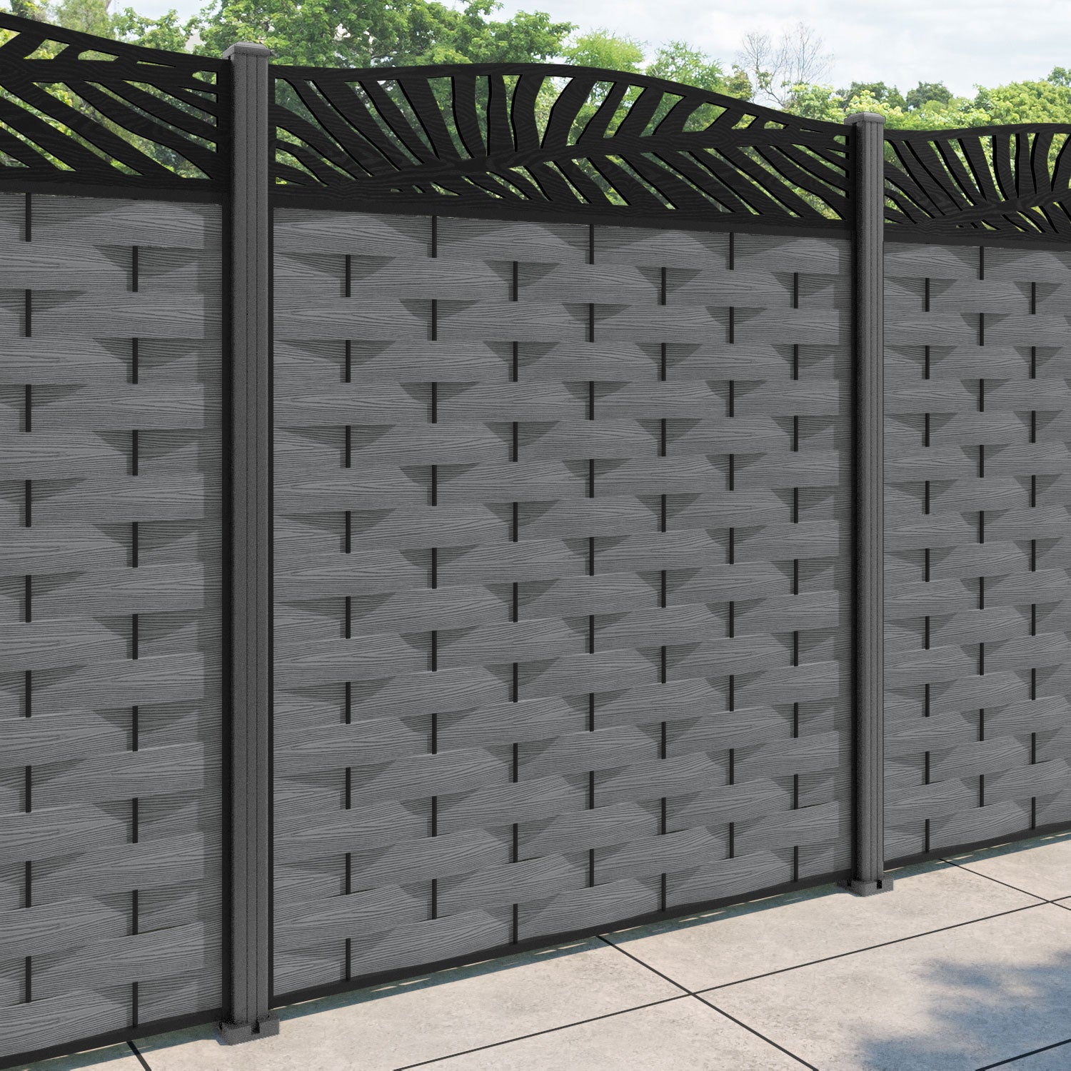 Ripple Palm Curved Top Fence Panel - Mid Grey - with our aluminium posts