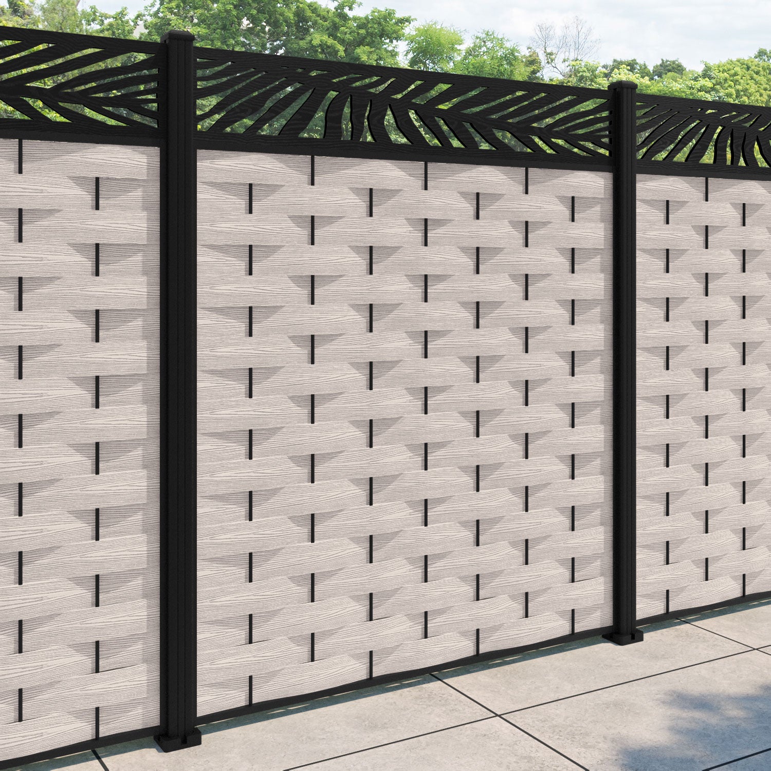 Ripple Palm Fence Panel - Mid Stone - with our aluminium posts