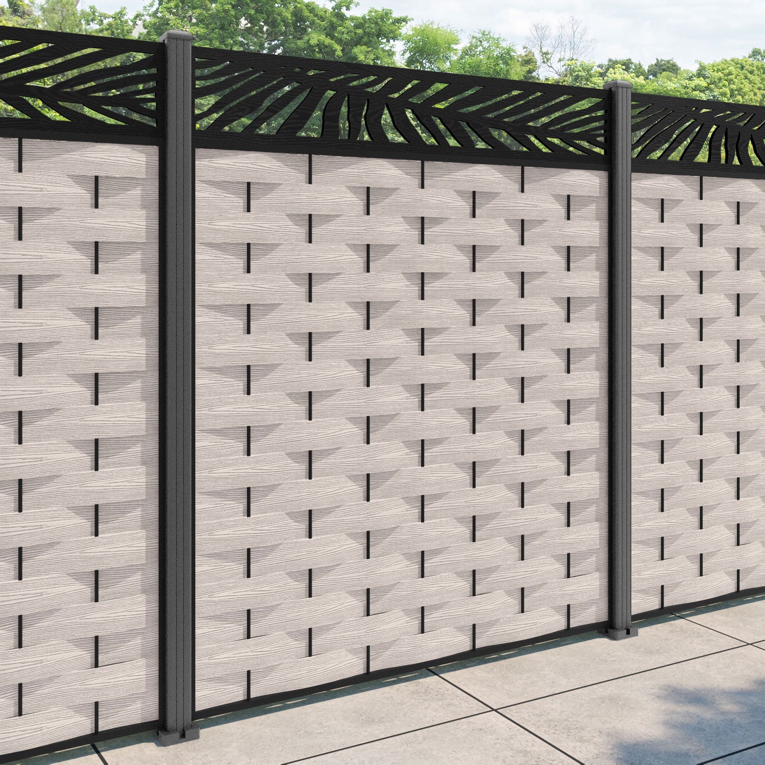 Ripple Palm Fence Panel - Mid Stone - with our aluminium posts