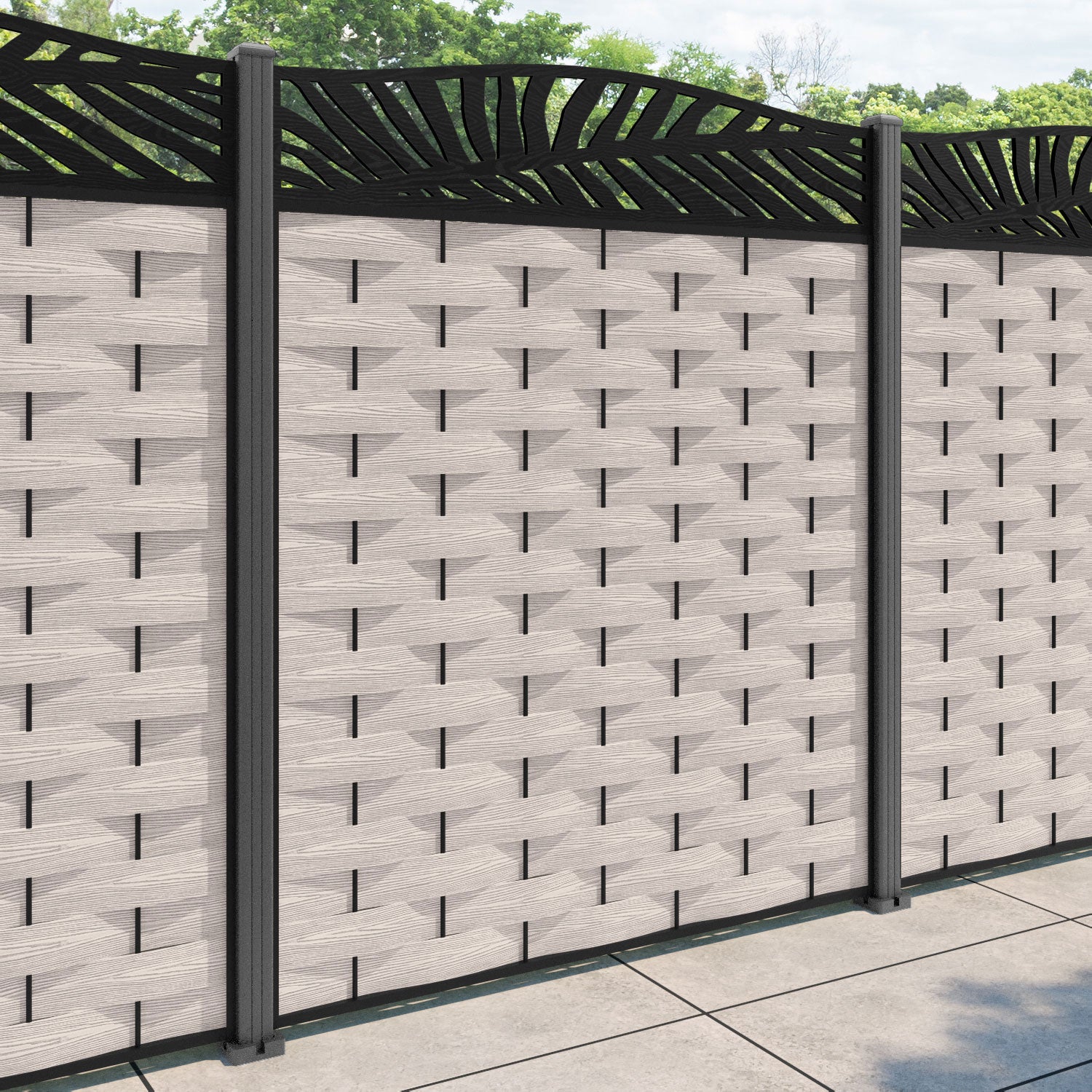 Ripple Palm Curved Top Fence Panel - Mid Stone - with our aluminium posts