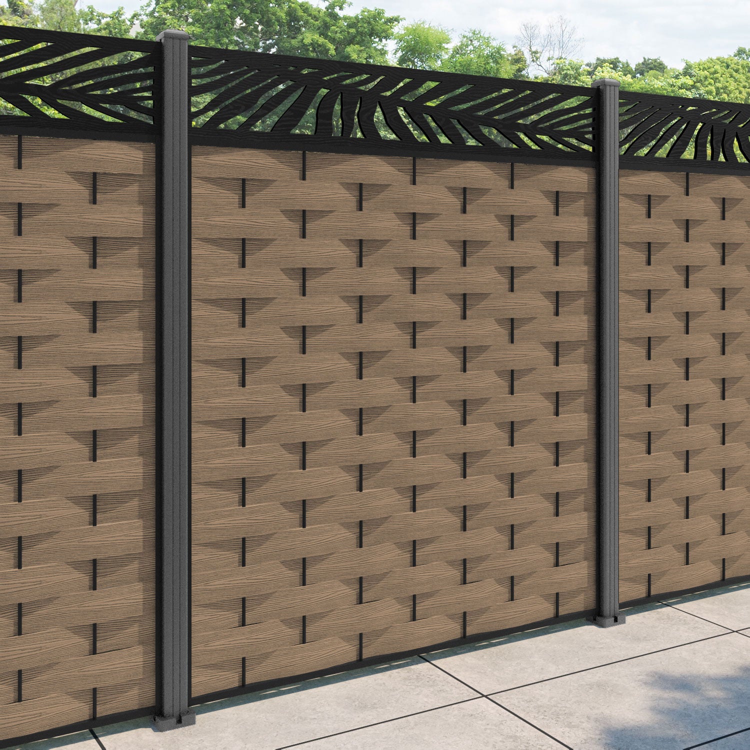 Ripple Palm Fence Panel - Teak - with our aluminium posts