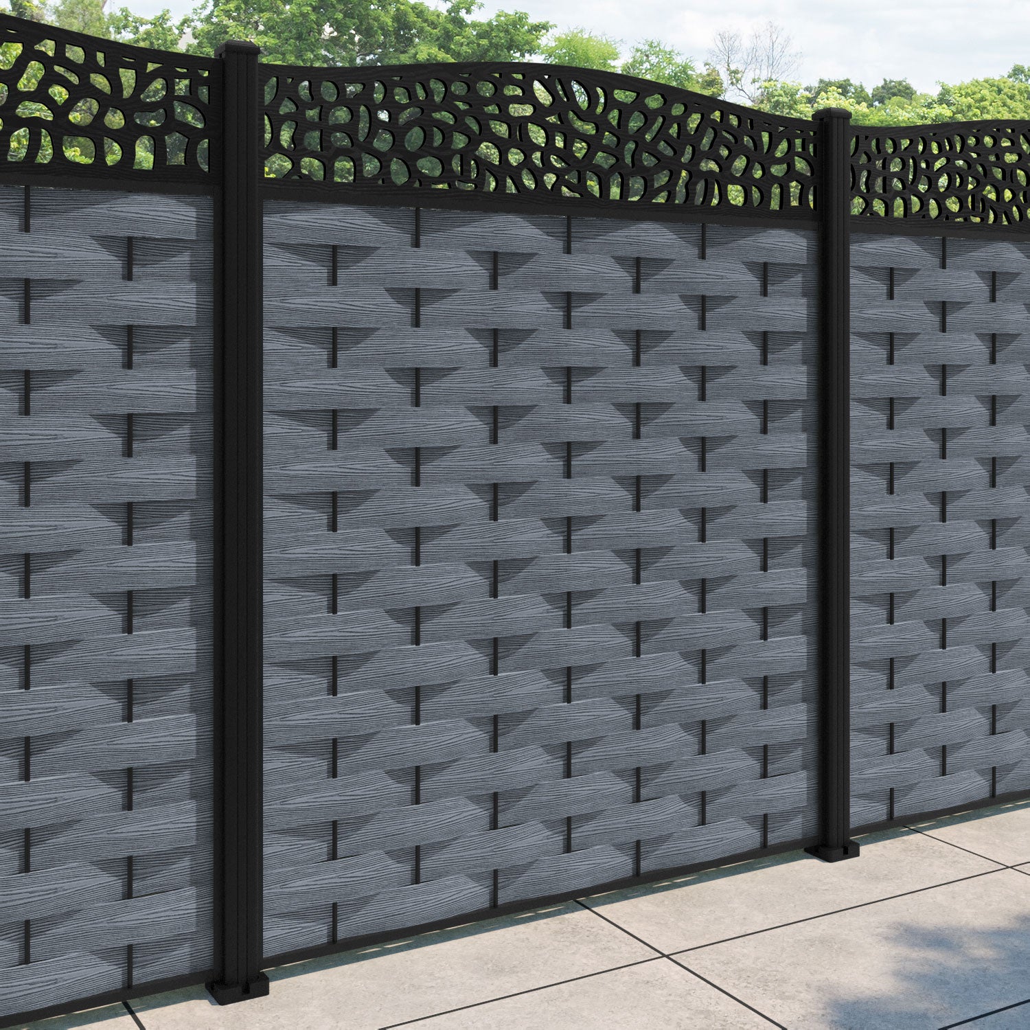 Ripple Pebble Curved Top Fence Panel - Anthracite - with our aluminium posts