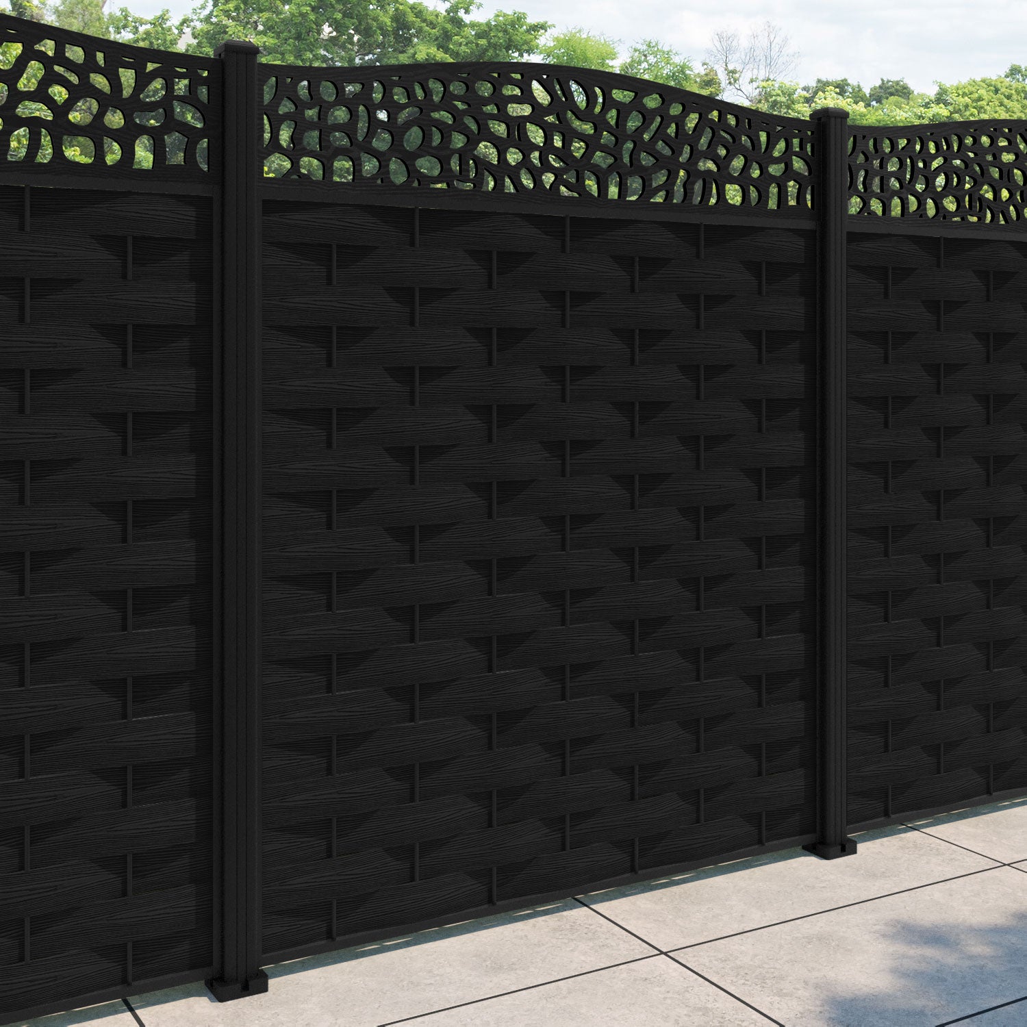 Ripple Pebble Curved Top Fence Panel - Black - with our aluminium posts