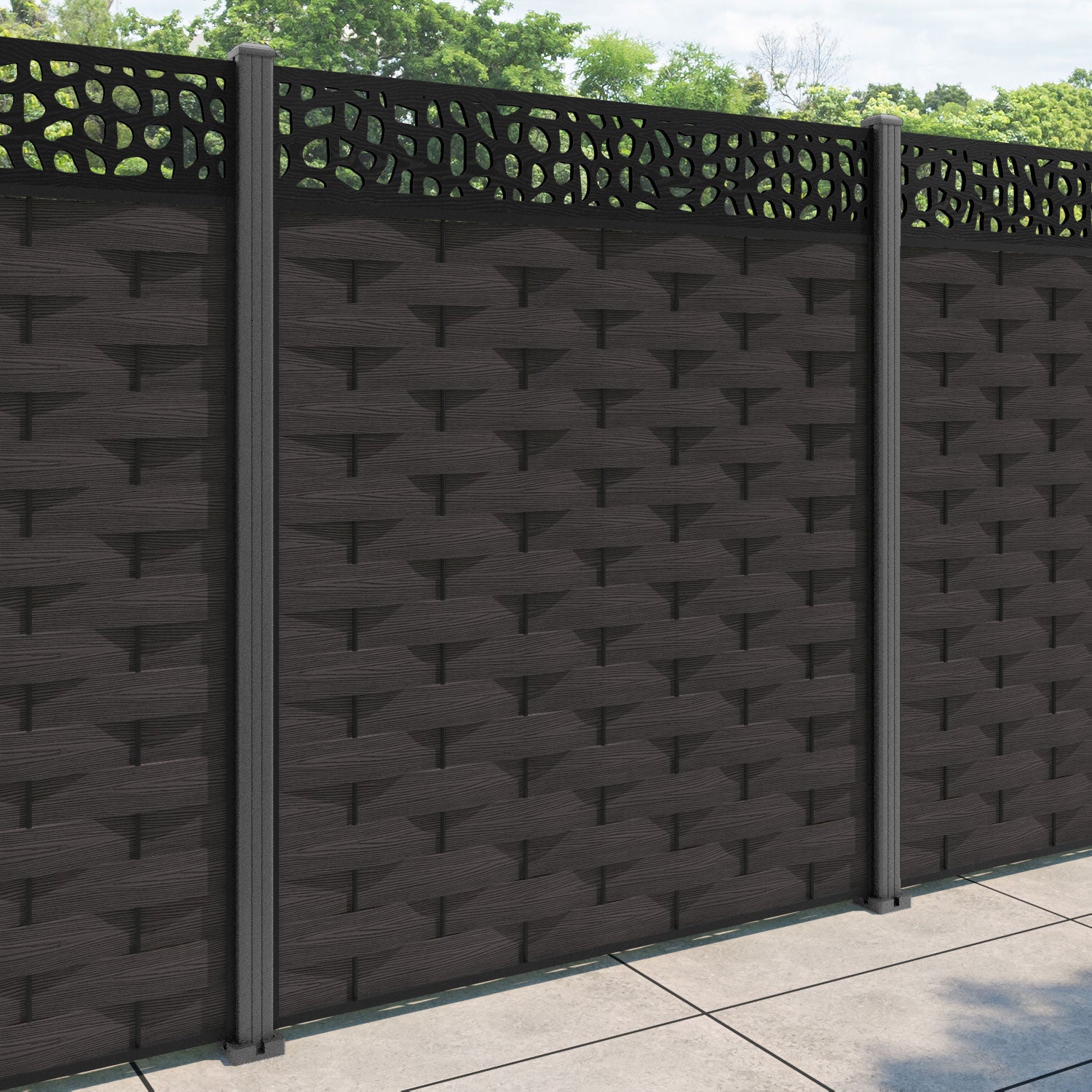 Ripple Pebble Fence Panel - Dark Oak - with our aluminium posts