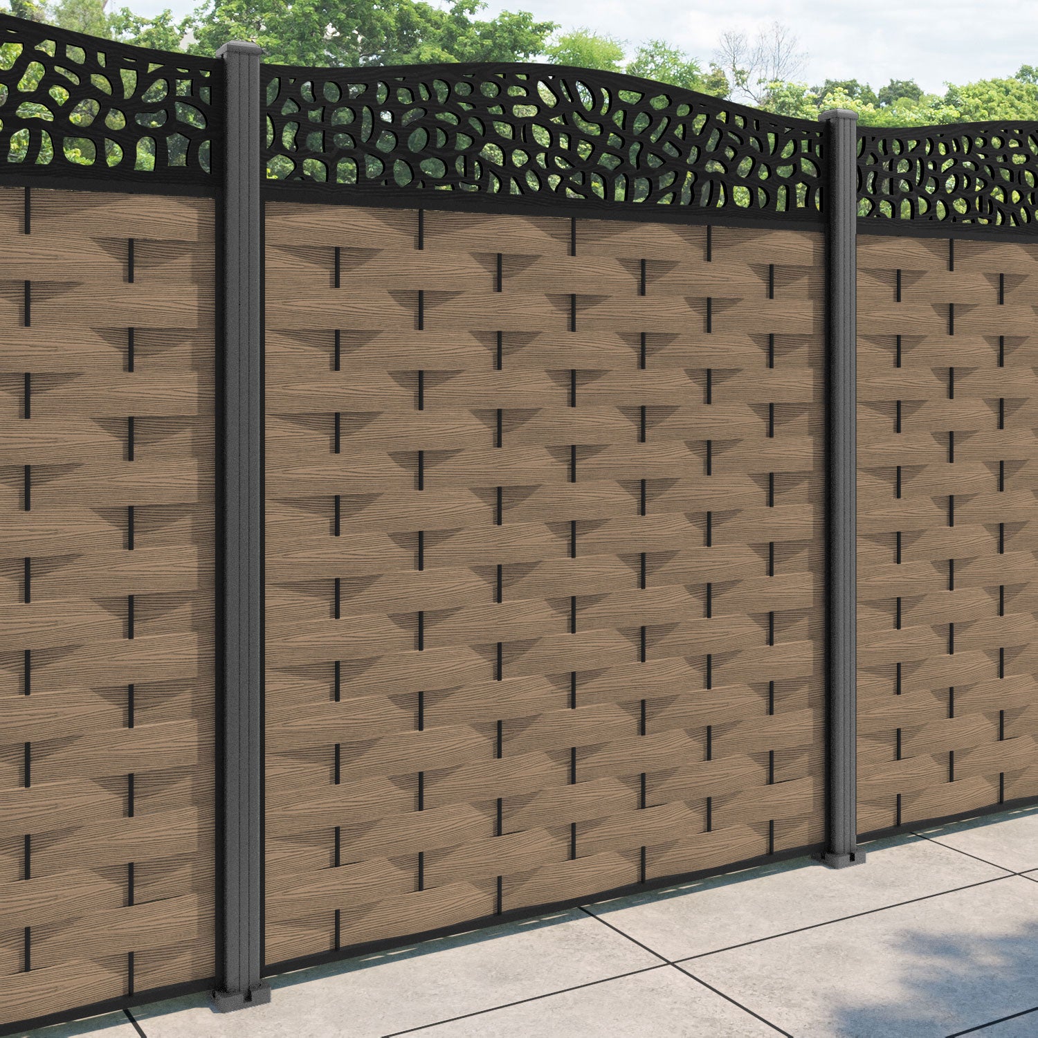 Ripple Pebble Curved Top Fence Panel - Teak - with our aluminium posts