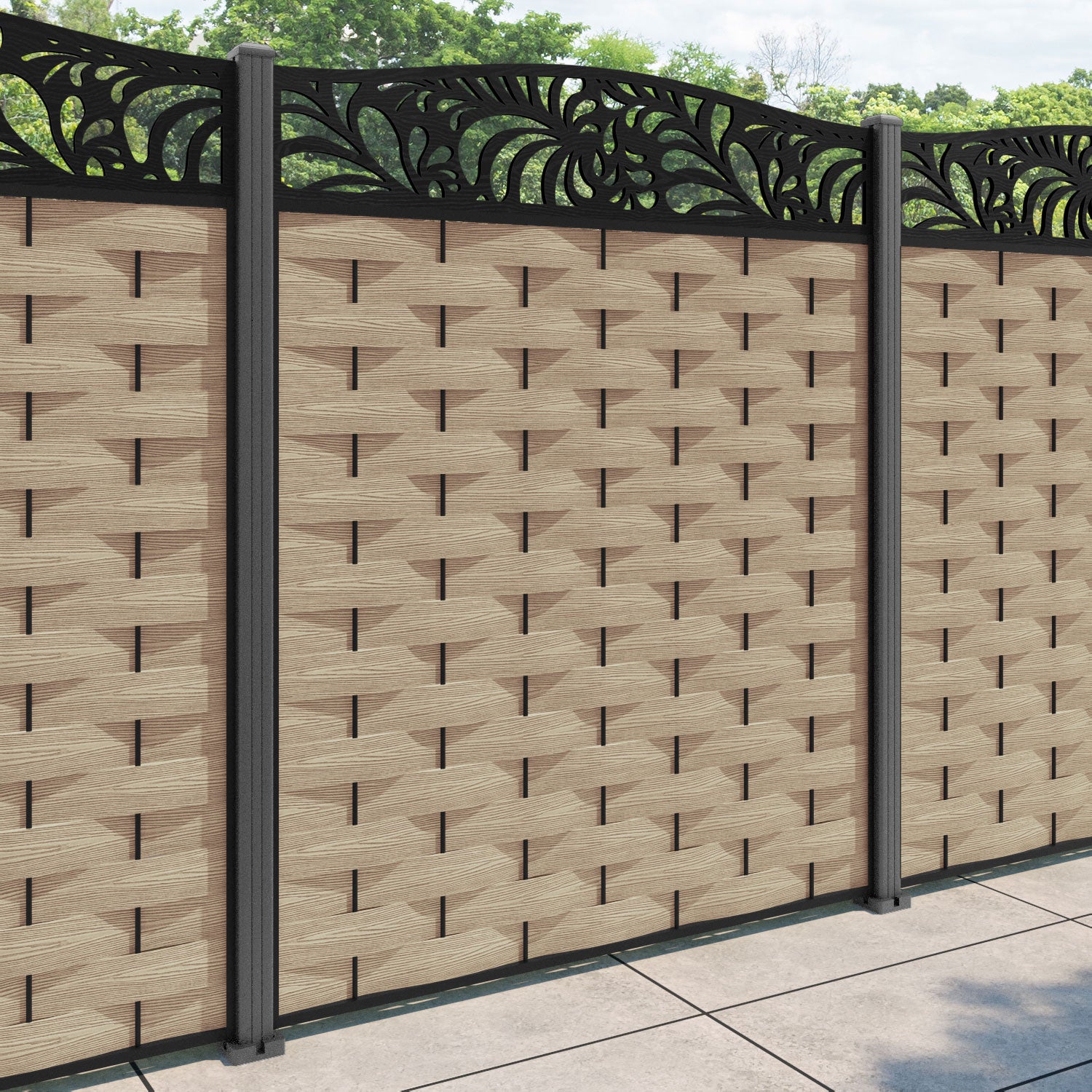 Ripple Petal Curved Top Fence Panel - Light Oak - with our aluminium posts