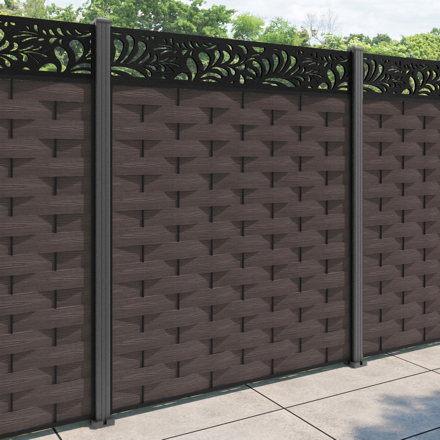 Ripple Petal Fence Panel - Mid Brown - with our aluminium posts
