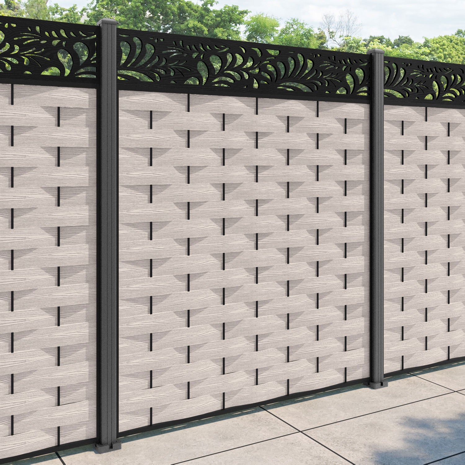 Ripple Petal Fence Panel - Mid Stone - with our aluminium posts
