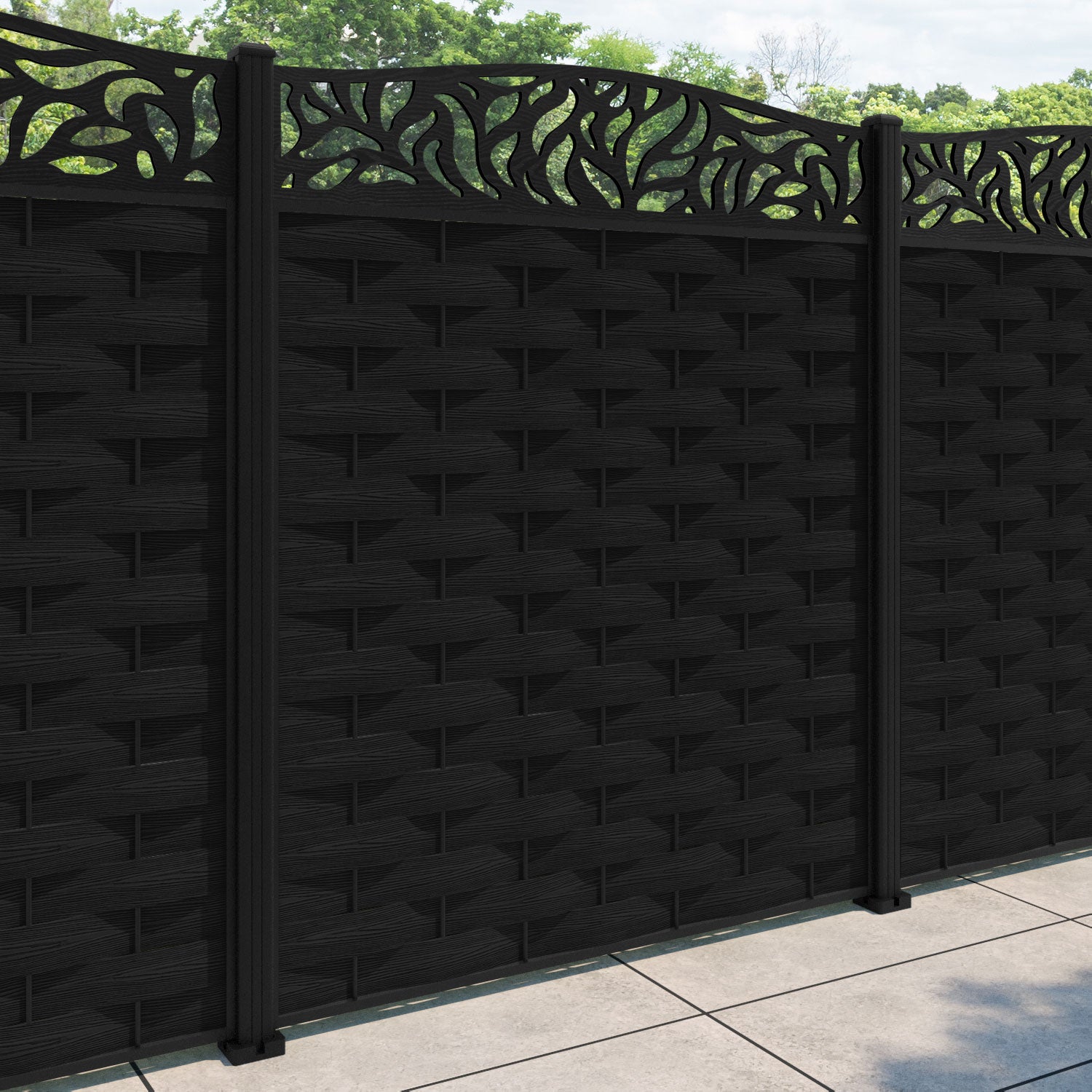 Ripple Plume Curved Top Fence Panel - Black - with our aluminium posts