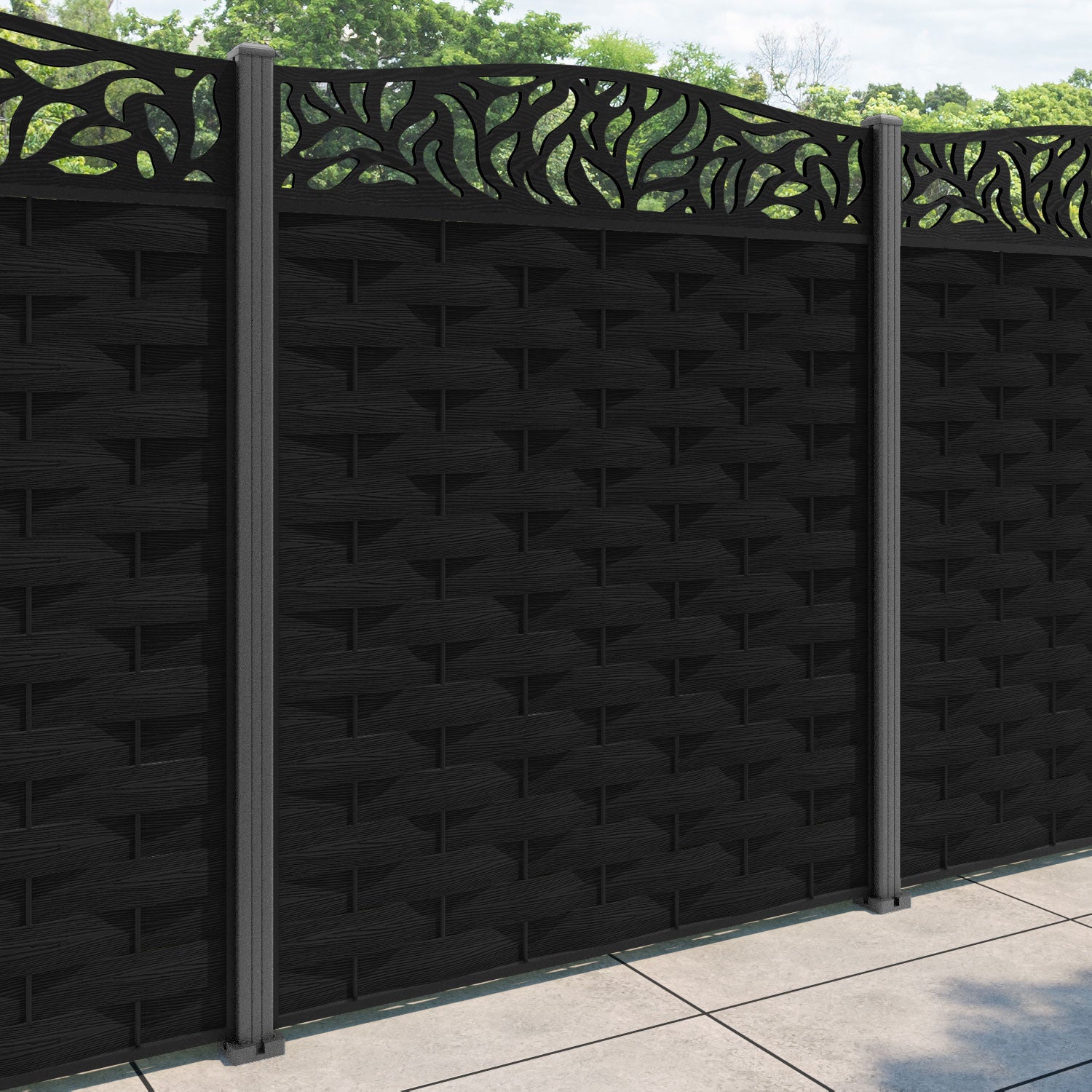 Ripple Plume Curved Top Fence Panel - Black - with our aluminium posts
