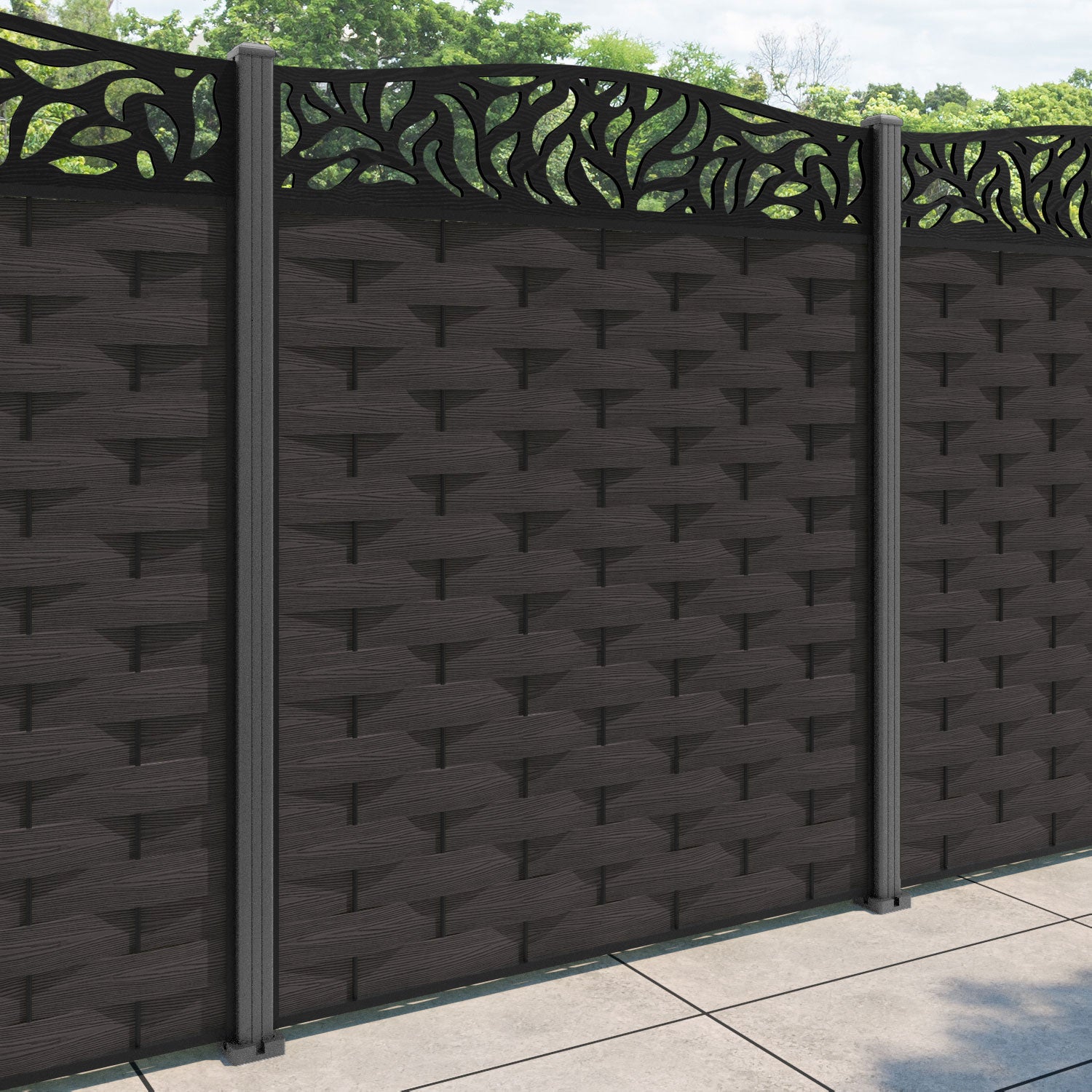 Ripple Plume Curved Top Fence Panel - Dark Oak - with our aluminium posts