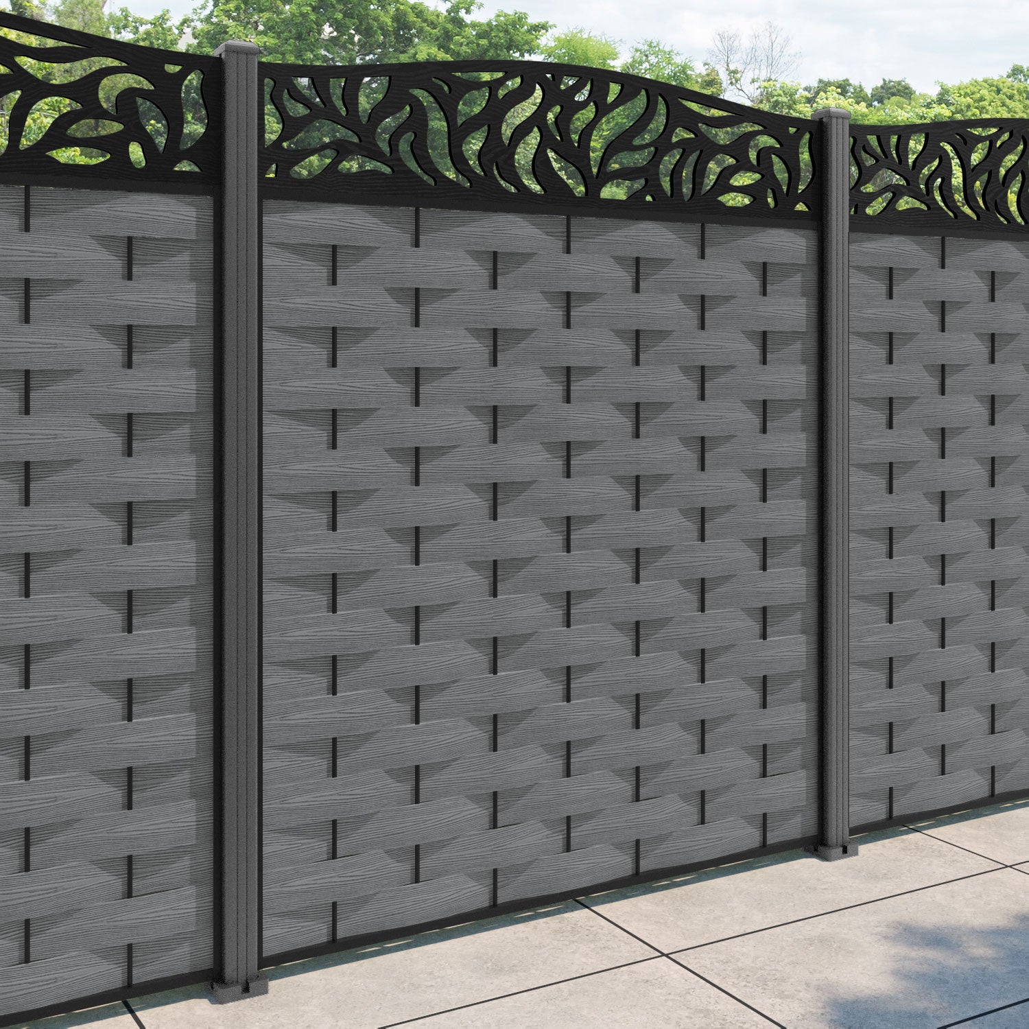 Ripple Plume Curved Top Fence Panel - Mid Grey - with our aluminium posts