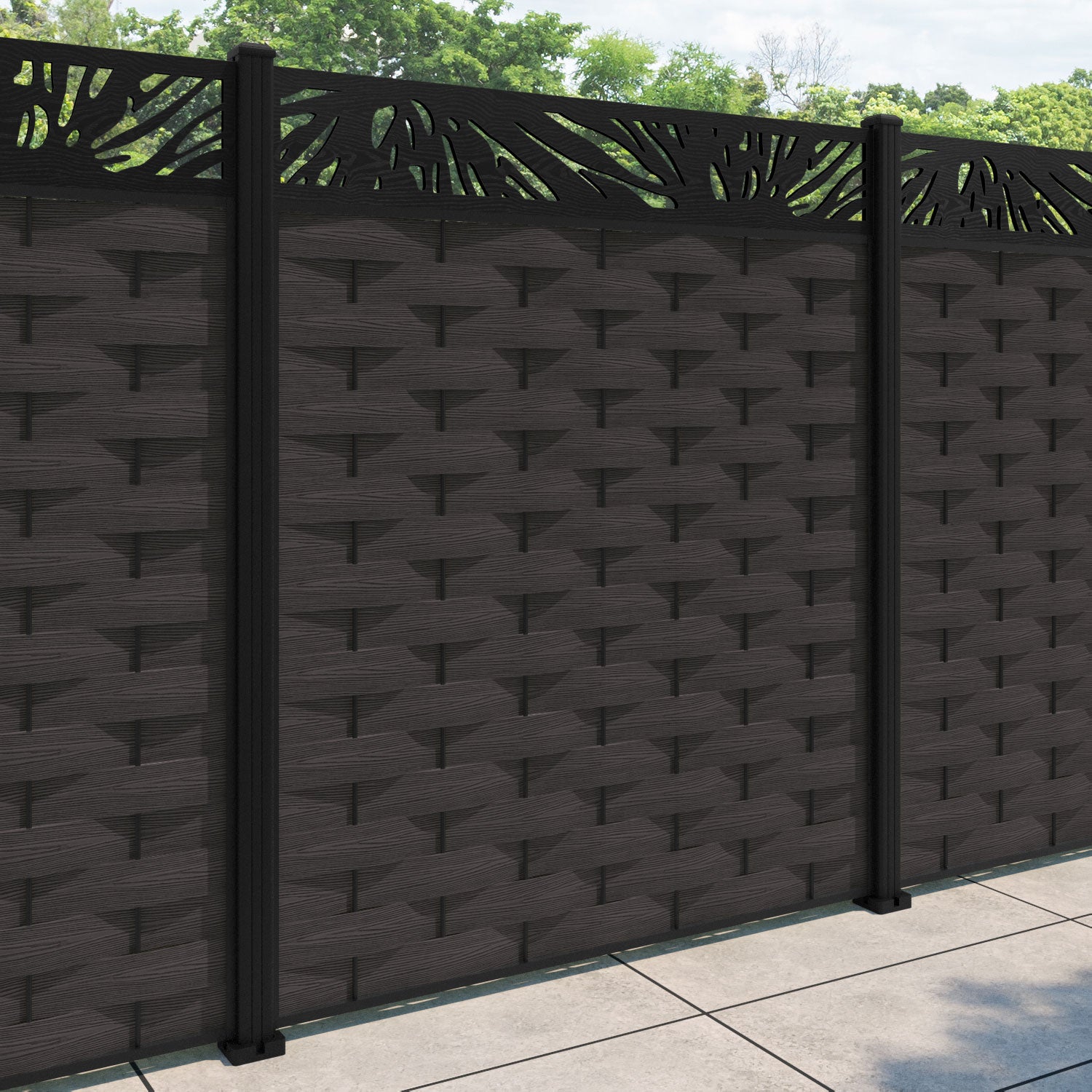 Ripple Poppy Fence Panel - Dark Oak - with our aluminium posts