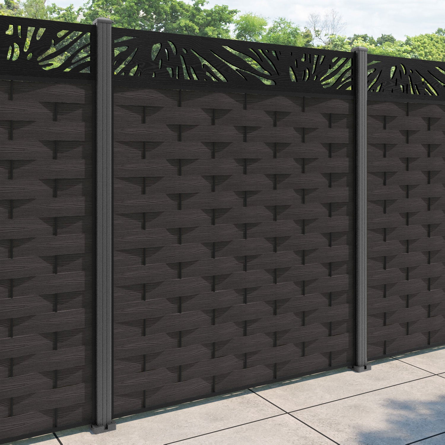 Ripple Poppy Fence Panel - Dark Oak - with our aluminium posts