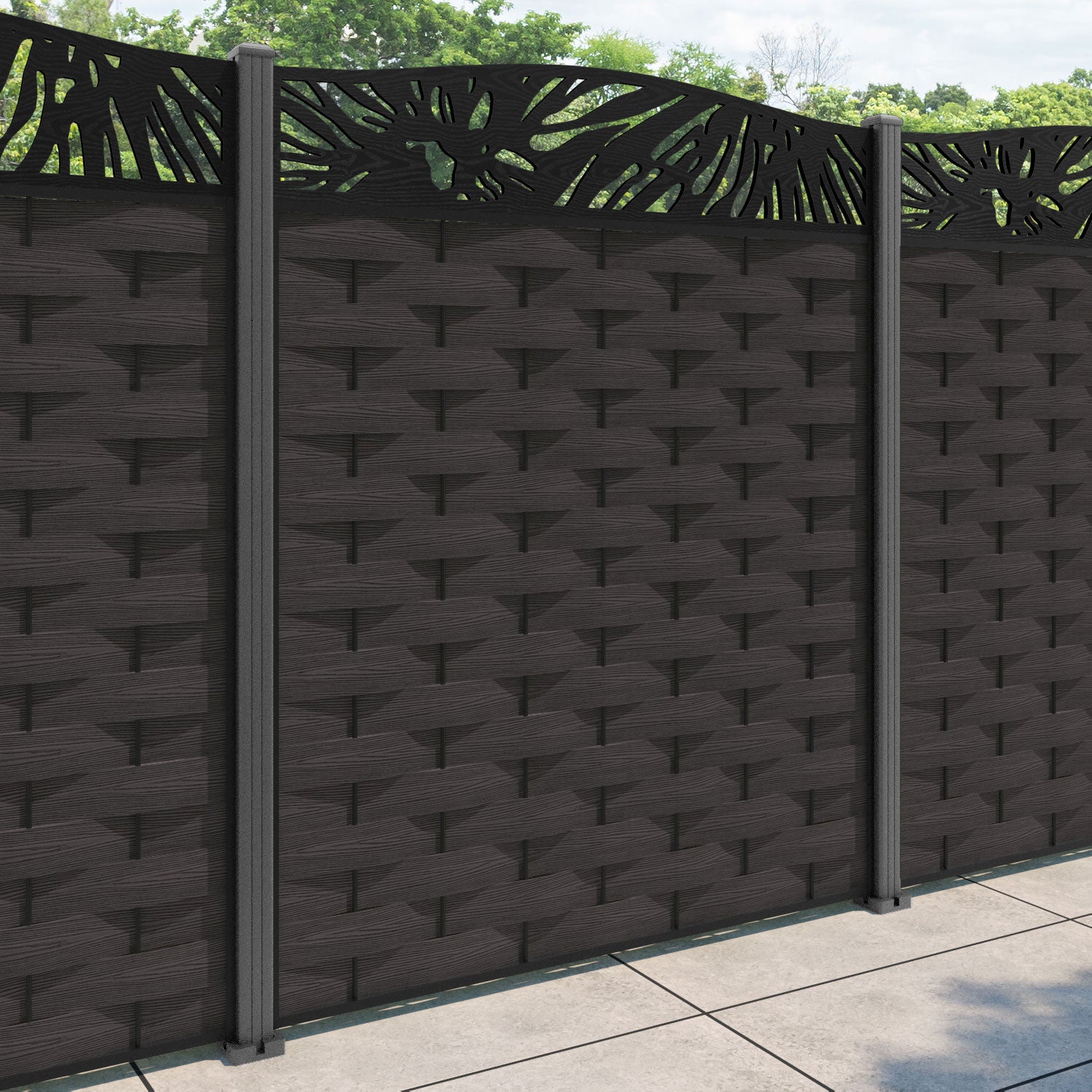 Ripple Poppy Curved Top Fence Panel - Dark Oak - with our aluminium posts