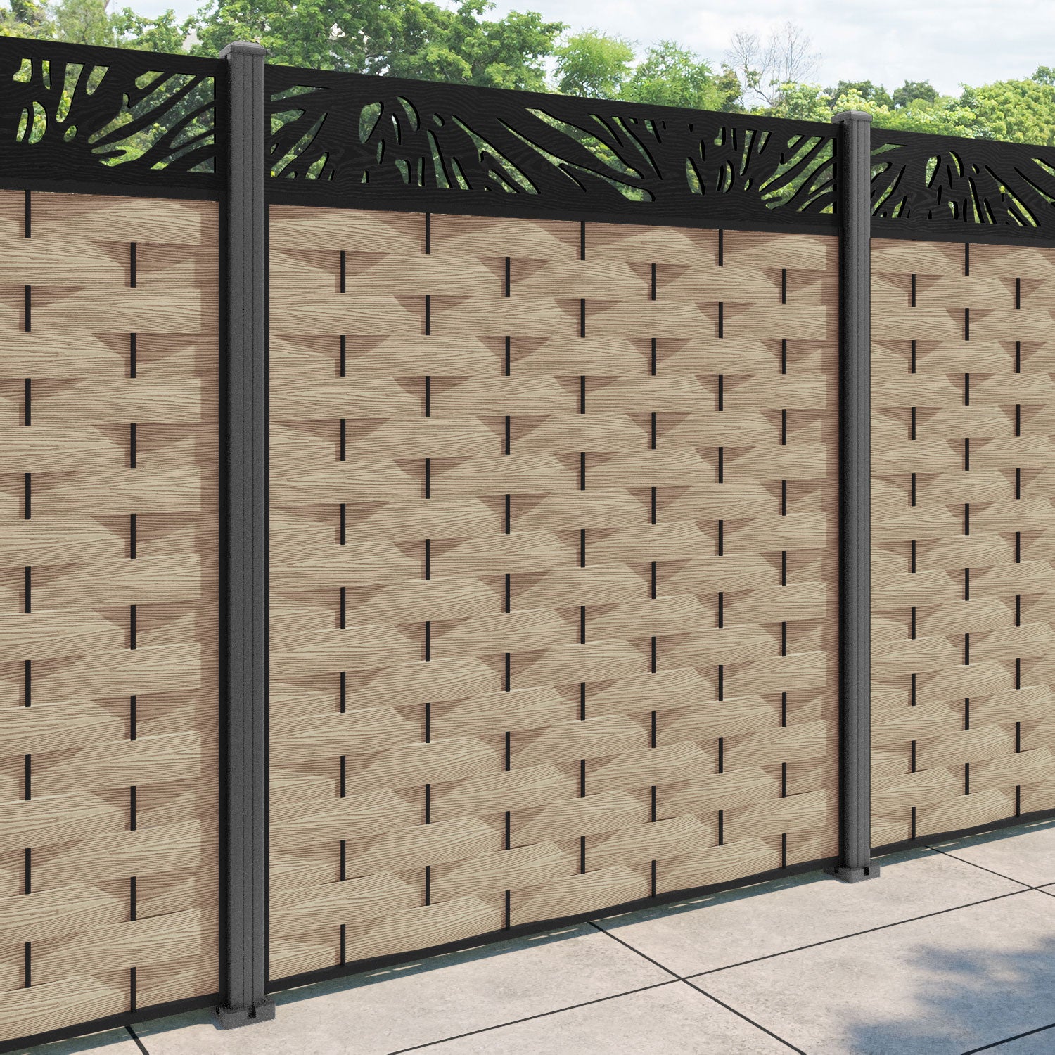 Ripple Poppy Fence Panel - Light Oak - with our aluminium posts