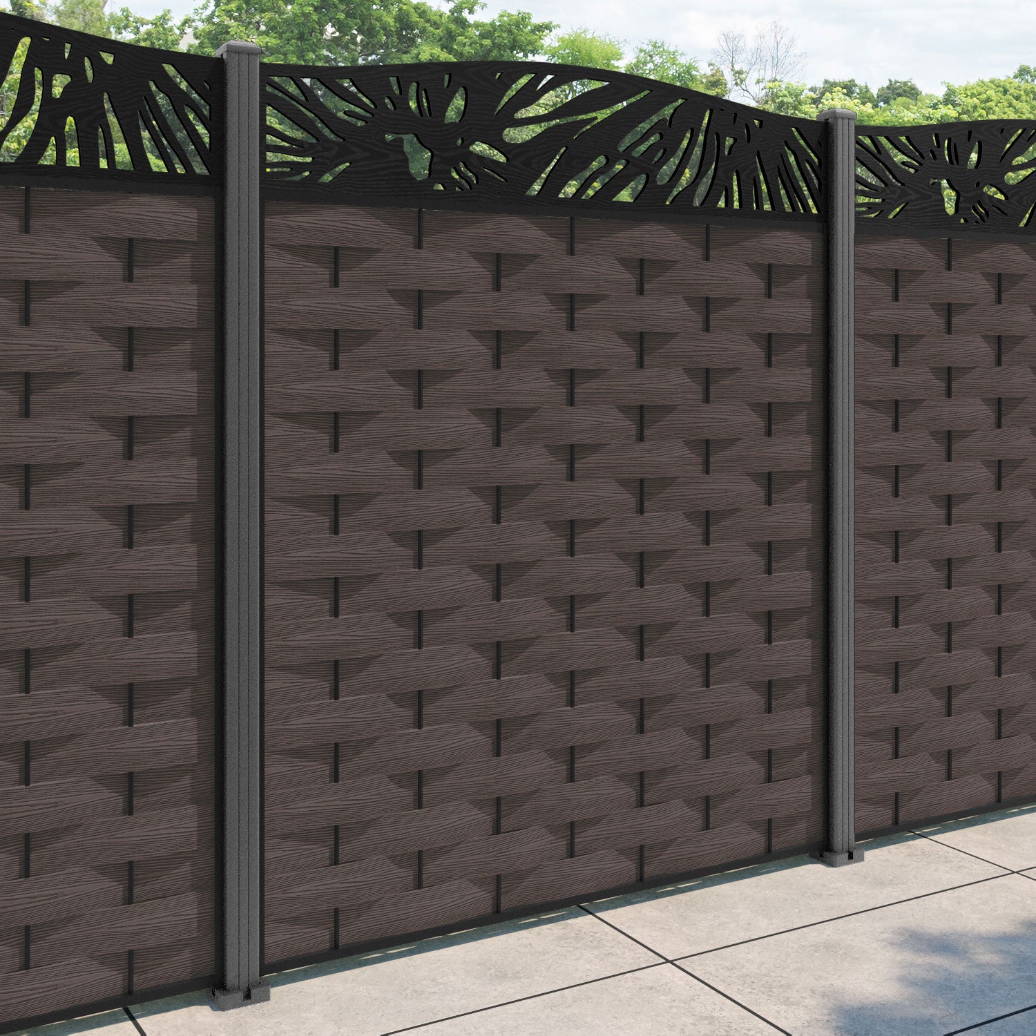 Ripple Poppy Curved Top Fence Panel - Mid Brown - with our aluminium posts