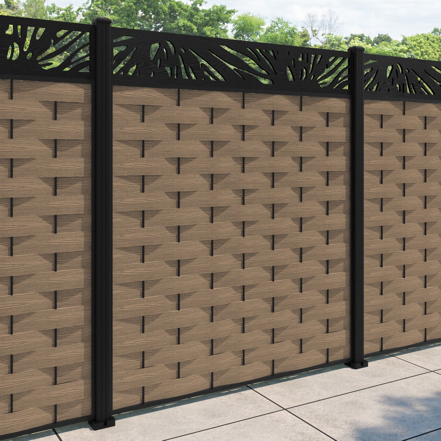 Ripple Poppy Fence Panel - Teak - with our aluminium posts