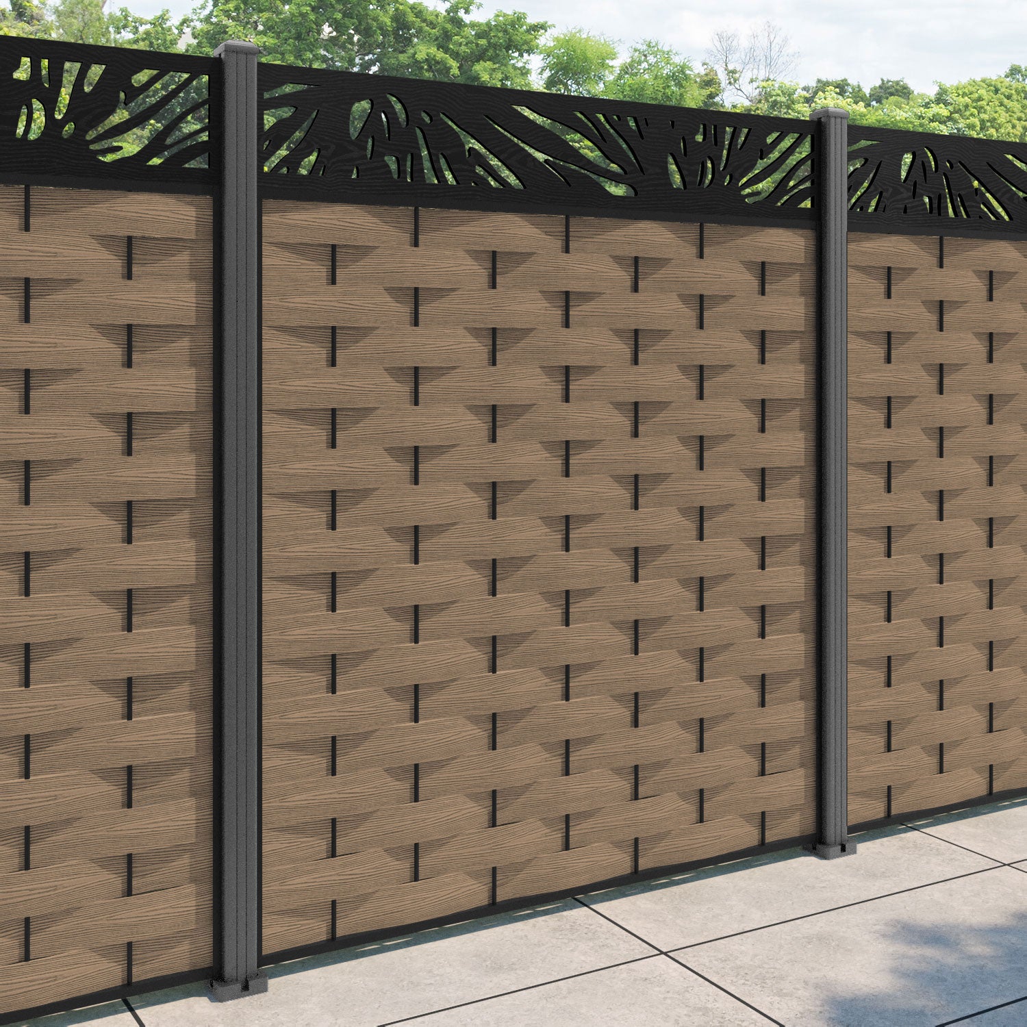 Ripple Poppy Fence Panel - Teak - with our aluminium posts
