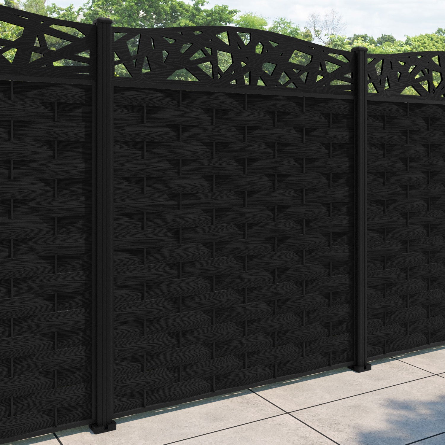 Ripple Prism Curved Top Fence Panel - Black - with our aluminium posts