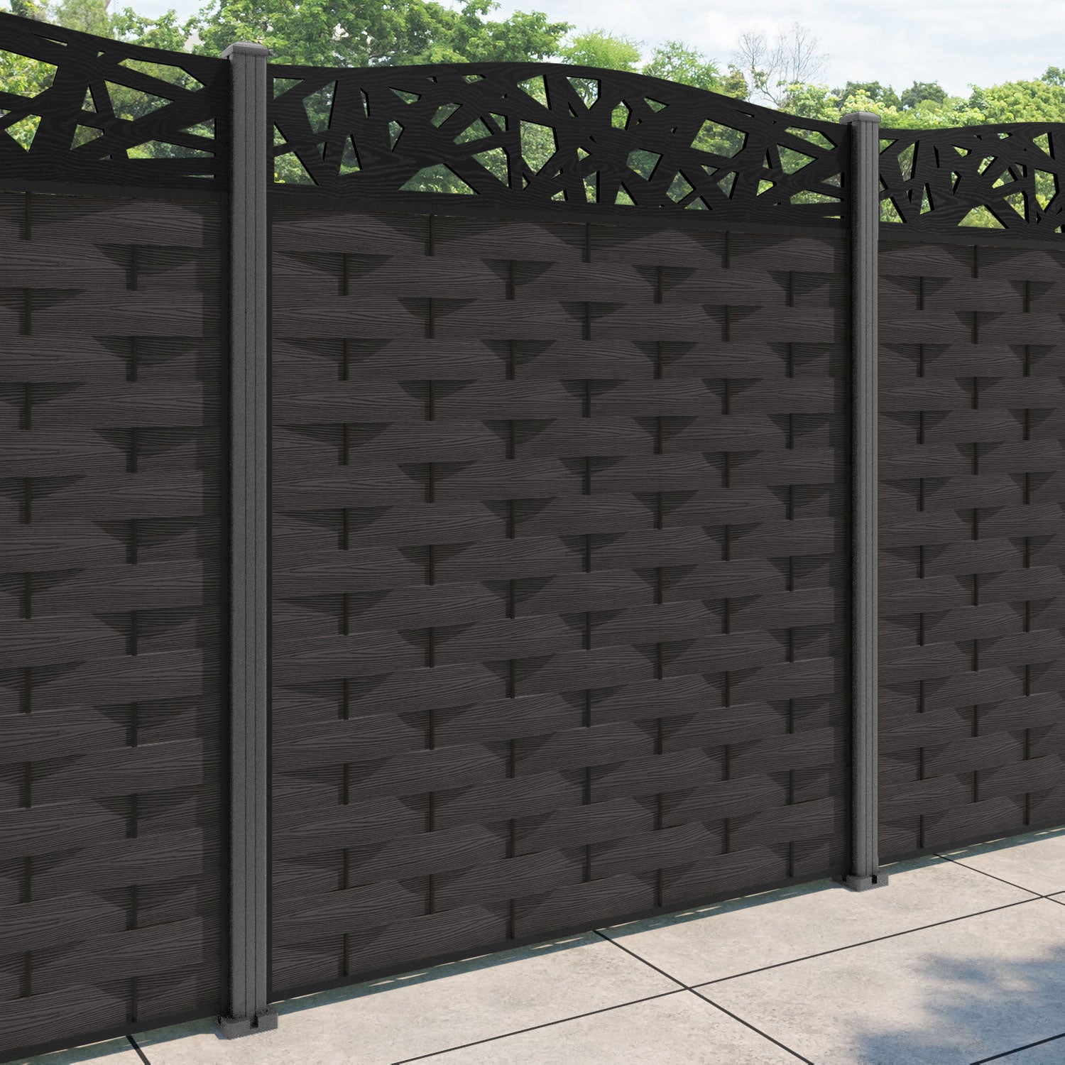 Ripple Prism Curved Top Fence Panel - Dark Oak - with our aluminium posts