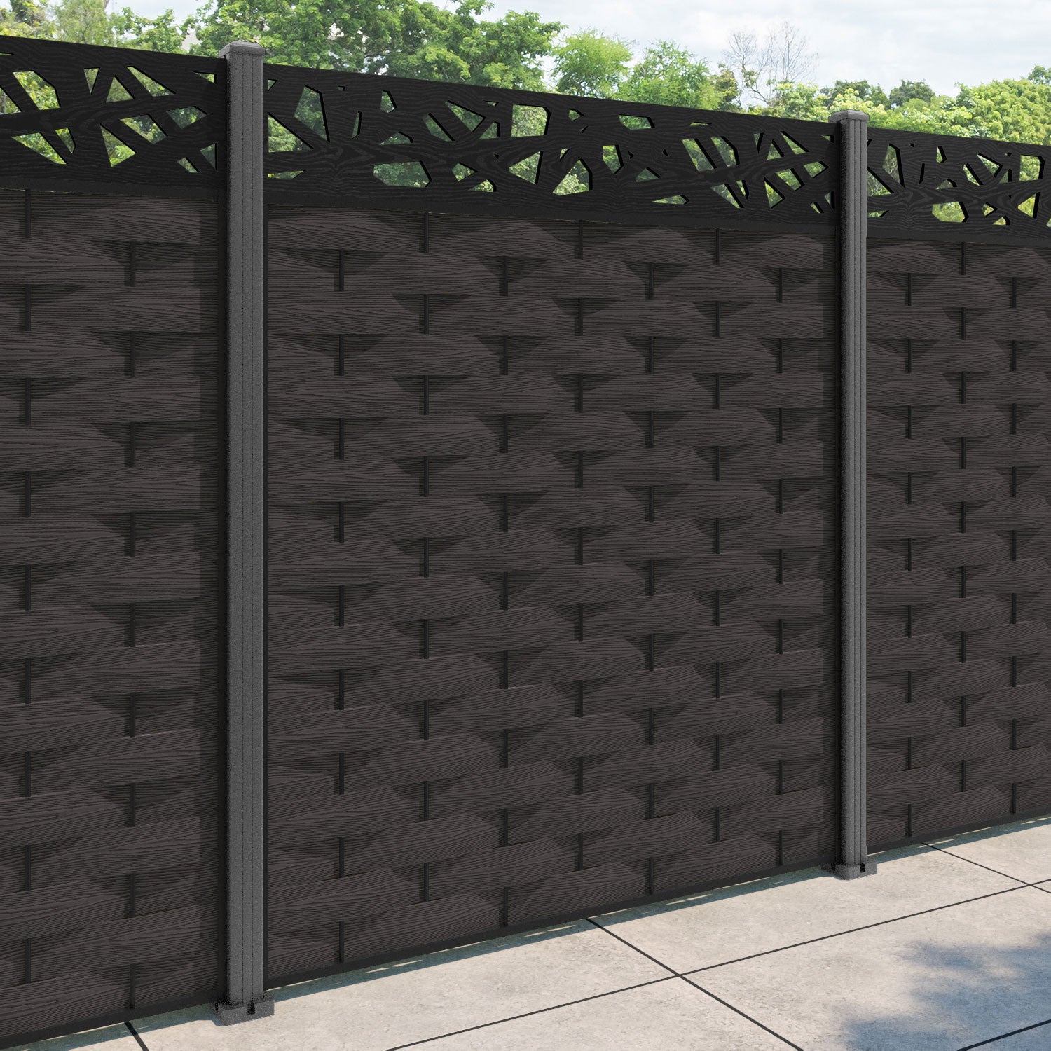 Ripple Prism Fence Panel - Dark Oak - with our aluminium posts