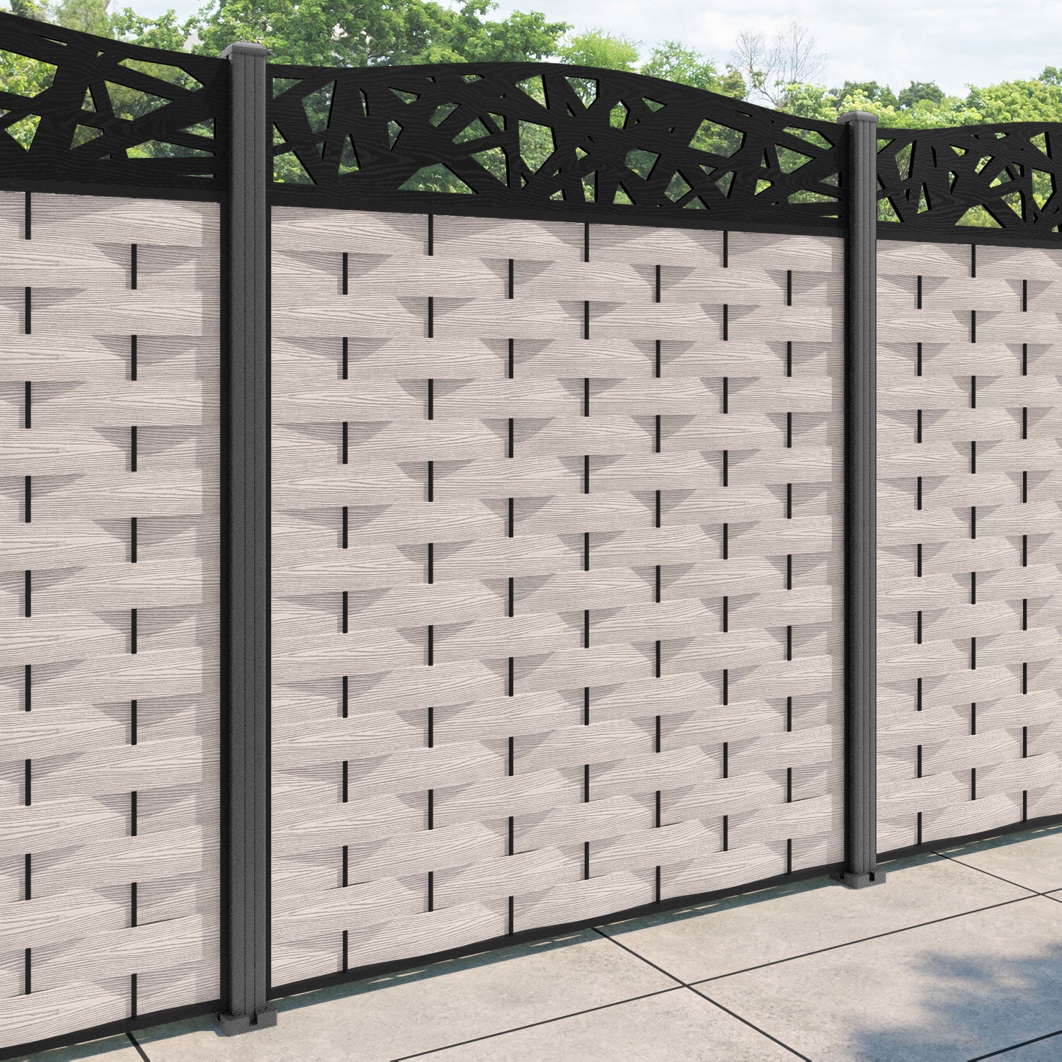 Ripple Prism Curved Top Fence Panel - Mid Stone - with our aluminium posts
