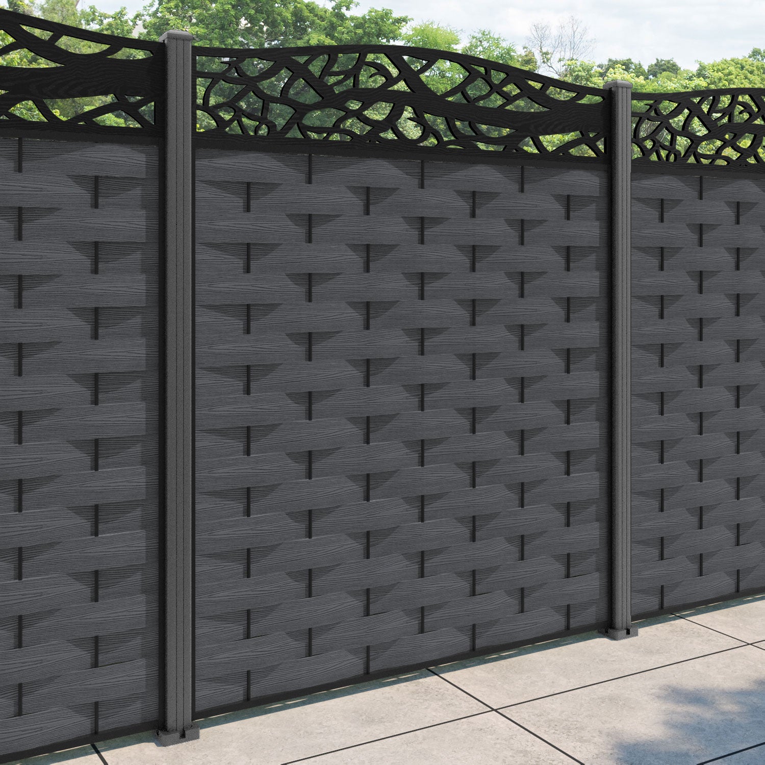 Ripple Twilight Curved Top Fence Panel - Dark Grey - with our aluminium posts