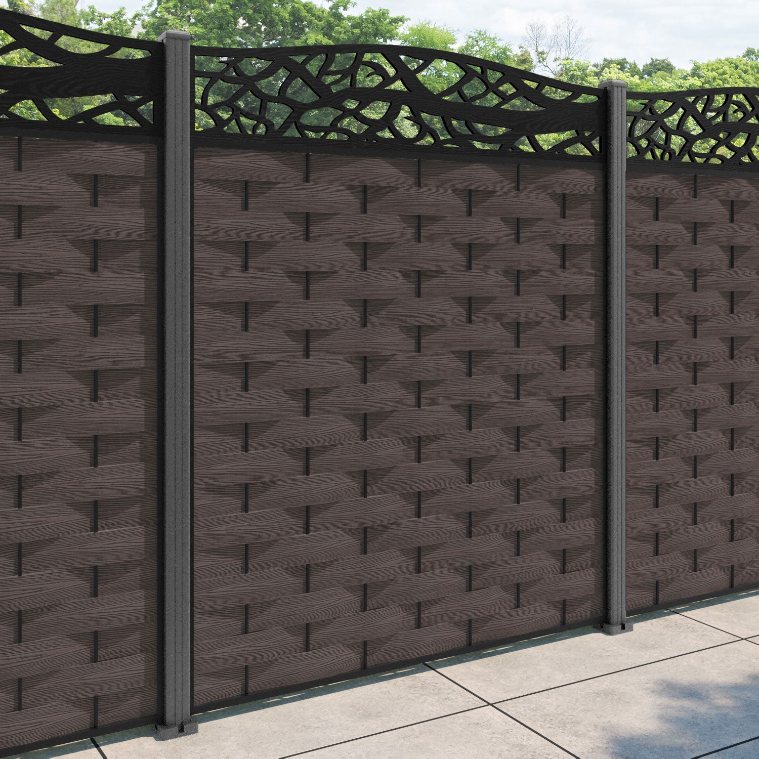 Ripple Twilight Curved Top Fence Panel - Mid Brown - with our aluminium posts