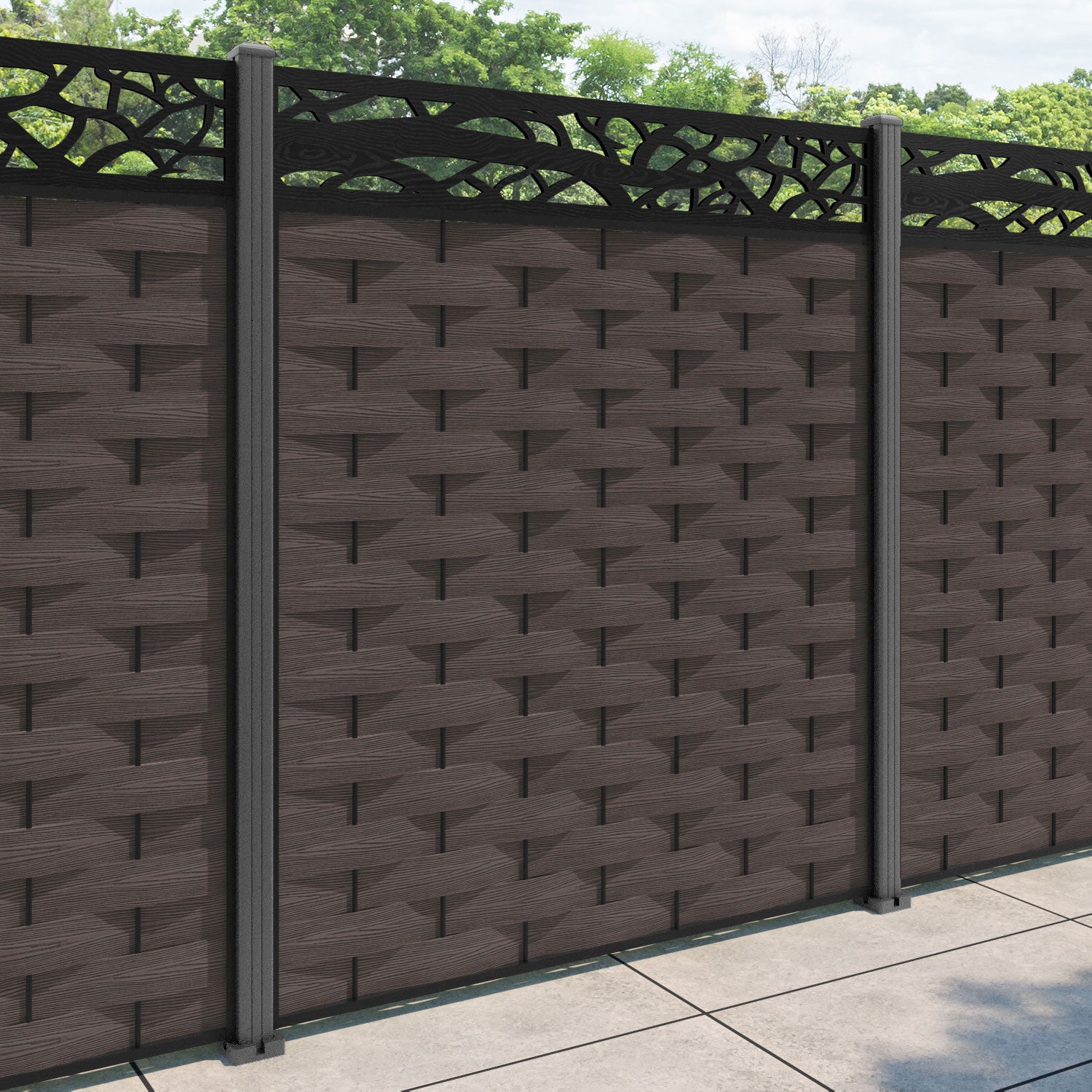 Ripple Twilight Fence Panel - Mid Brown - with our aluminium posts