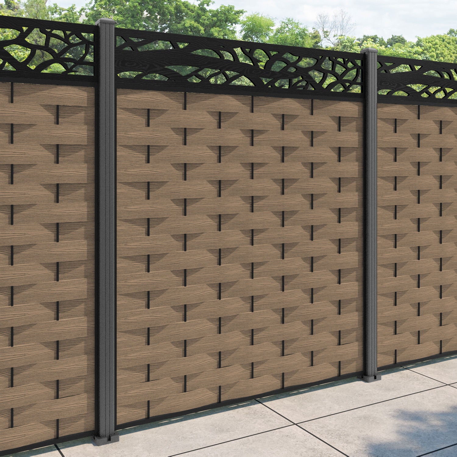 Ripple Twilight Fence Panel - Teak - with our aluminium posts