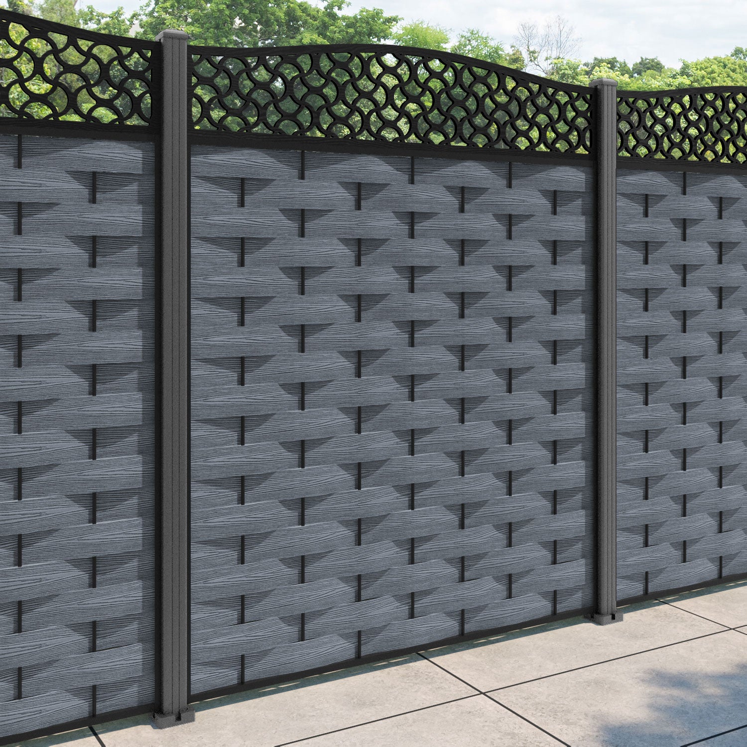 Ripple Vida Curved Top Fence Panel - Anthracite - with our aluminium posts