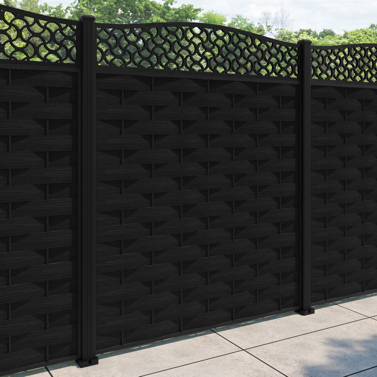 Ripple Vida Curved Top Fence Panel - Black - with our aluminium posts