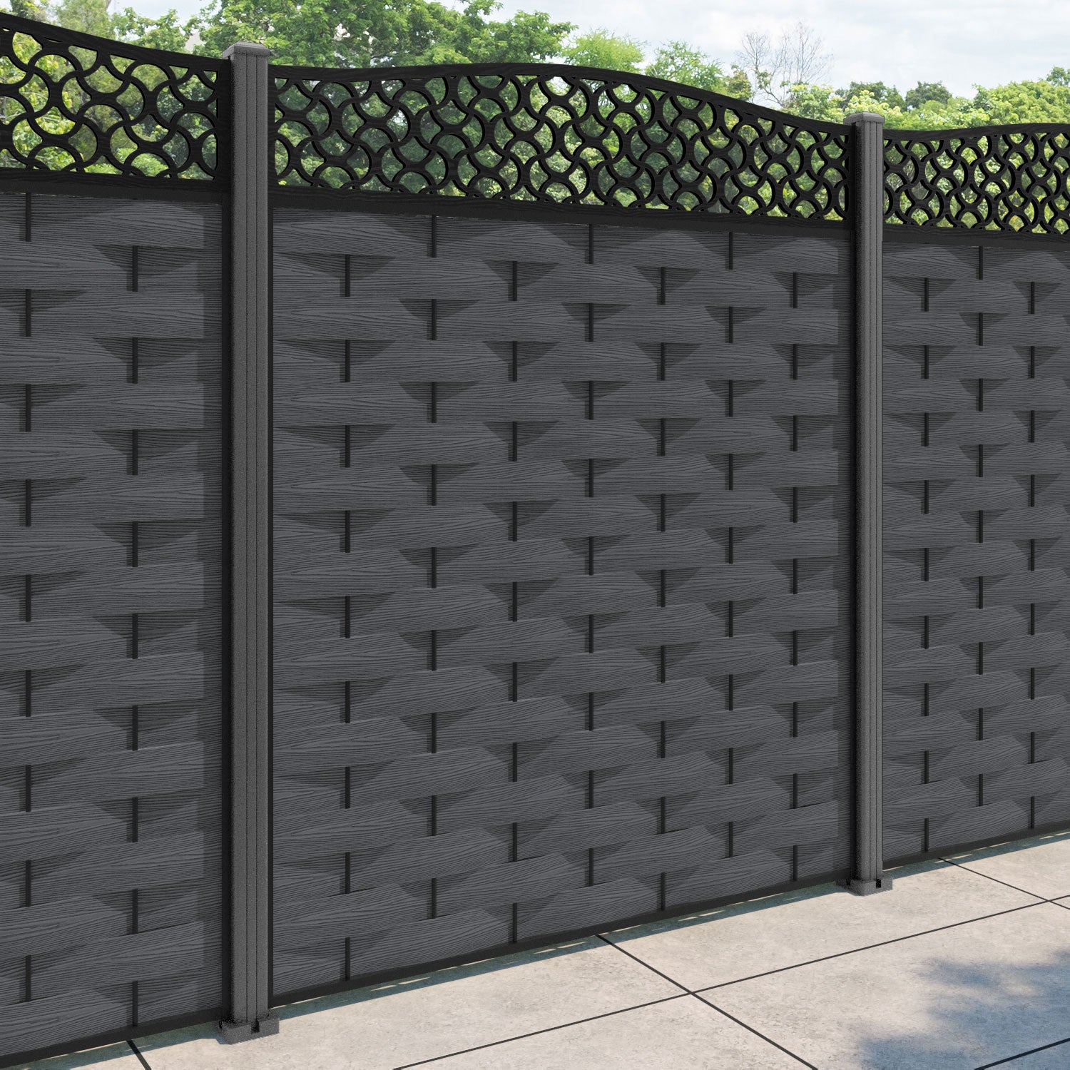 Ripple Vida Curved Top Fence Panel - Dark Grey - with our aluminium posts