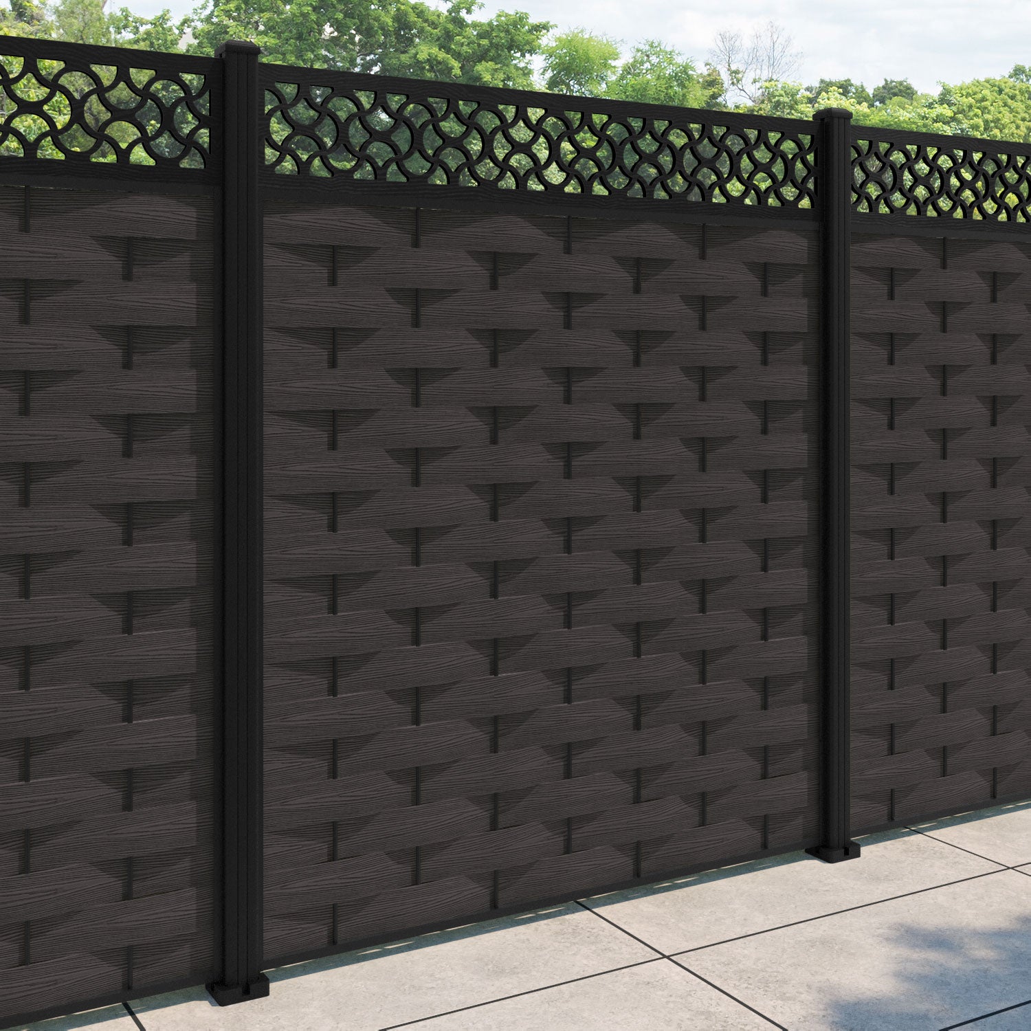 Ripple Vida Fence Panel - Dark Oak - with our aluminium posts