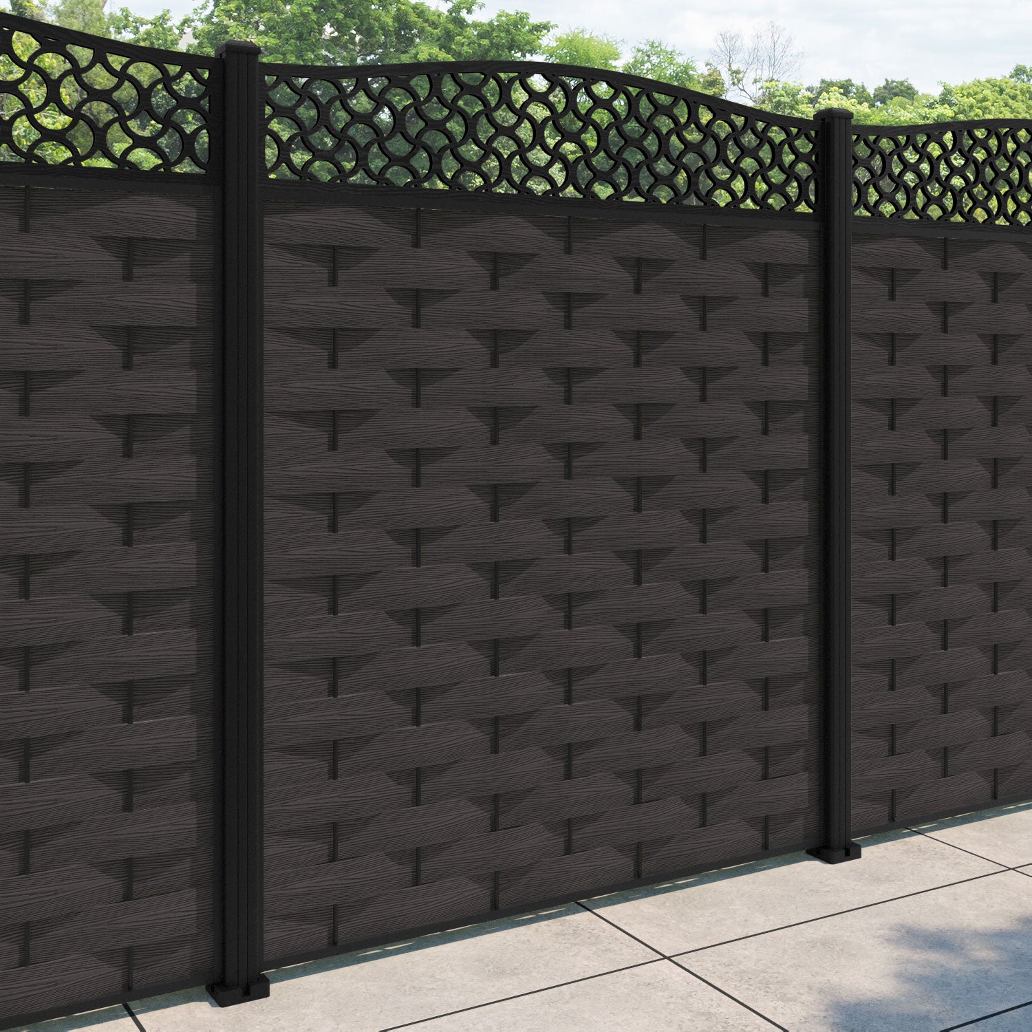 Ripple Vida Curved Top Fence Panel - Dark Oak - with our aluminium posts